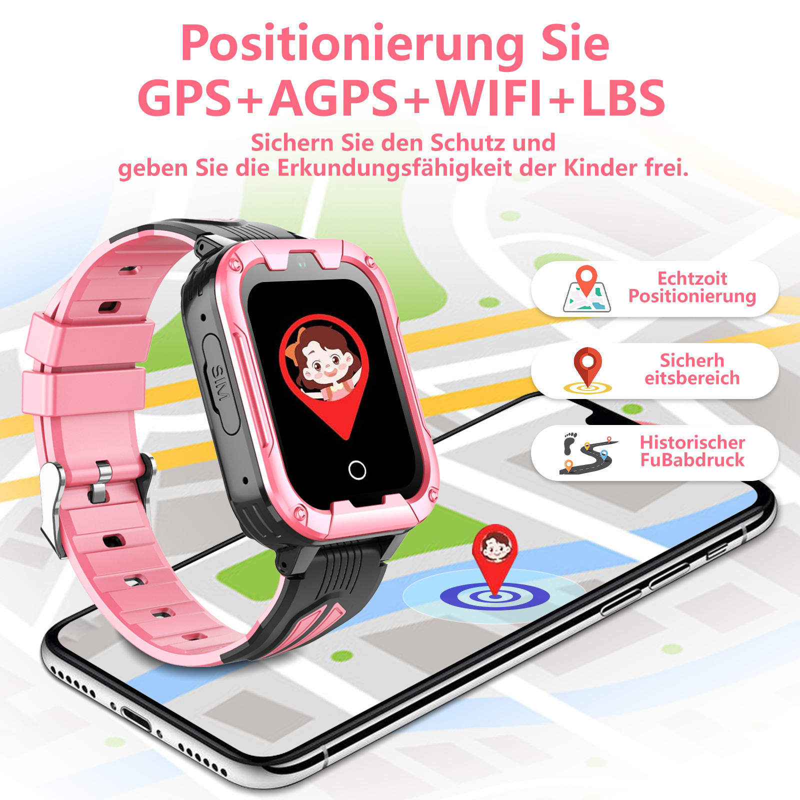 Eine rosa Smartwatch auf einem Telefon, mit Karte, zeigt GPS- und Sicherheitsfunktionen für Kinder.