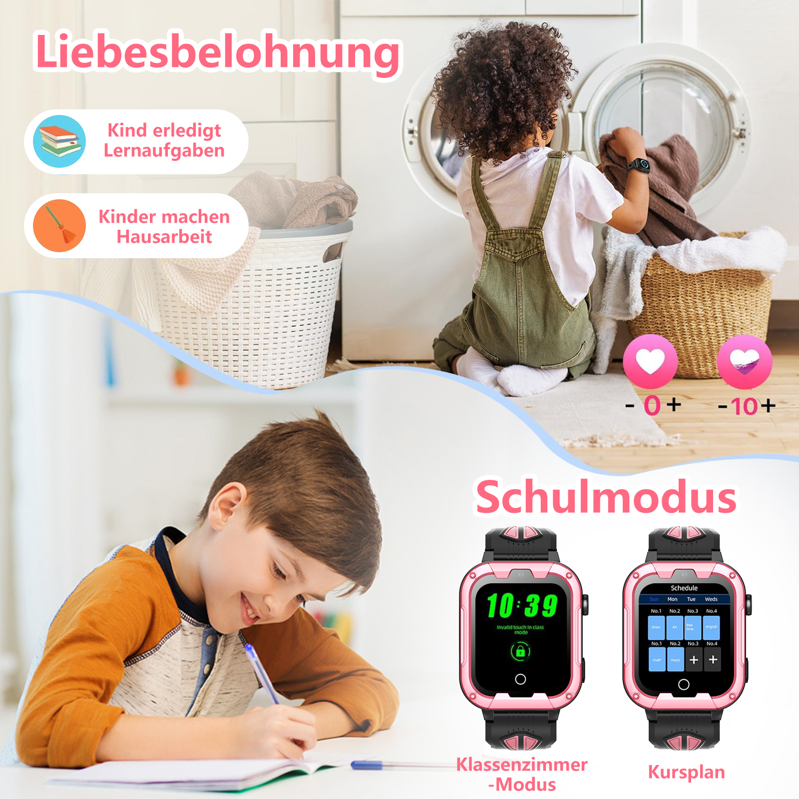 Kinder-Smartwatch, rosa, mit zwei Kindern und Text zu Schulmodus und Belohnungen.