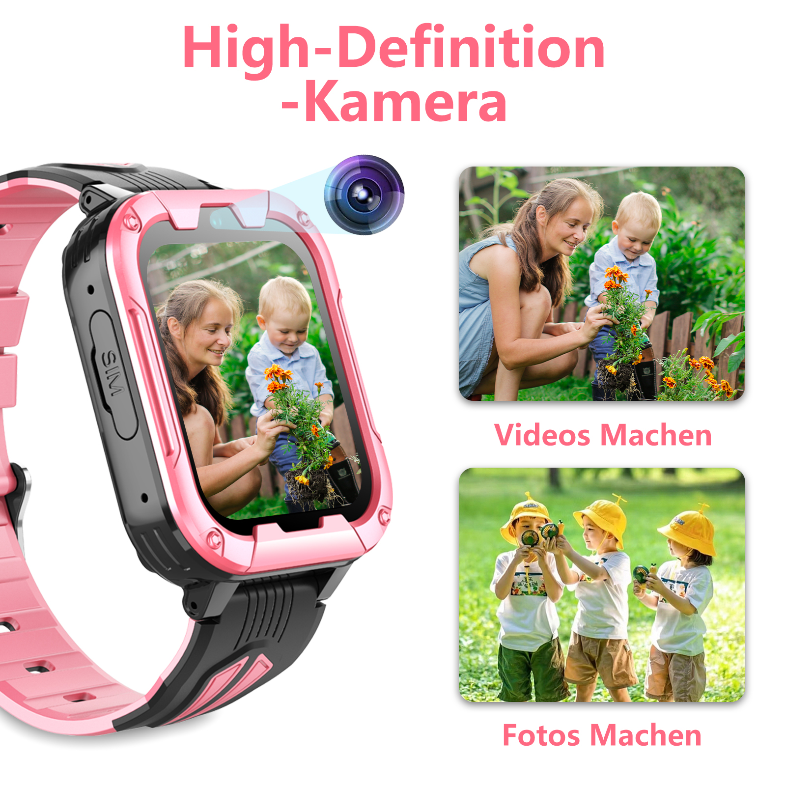 Eine pinkfarbene und schwarze Smartwatch mit einem Bildschirm, der ein spielendes Kind zeigt, und Fotos von Kindern. Text: High-Definition-Kamera.