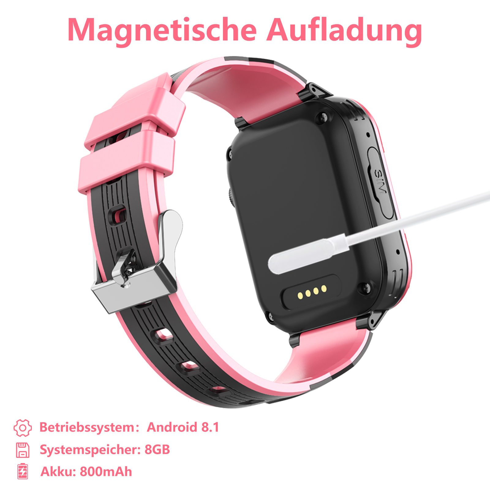 Rosa und schwarze Smartwatch, magnetisches Aufladen. Die Uhr ist mit einem weißen Ladekabel verbunden.