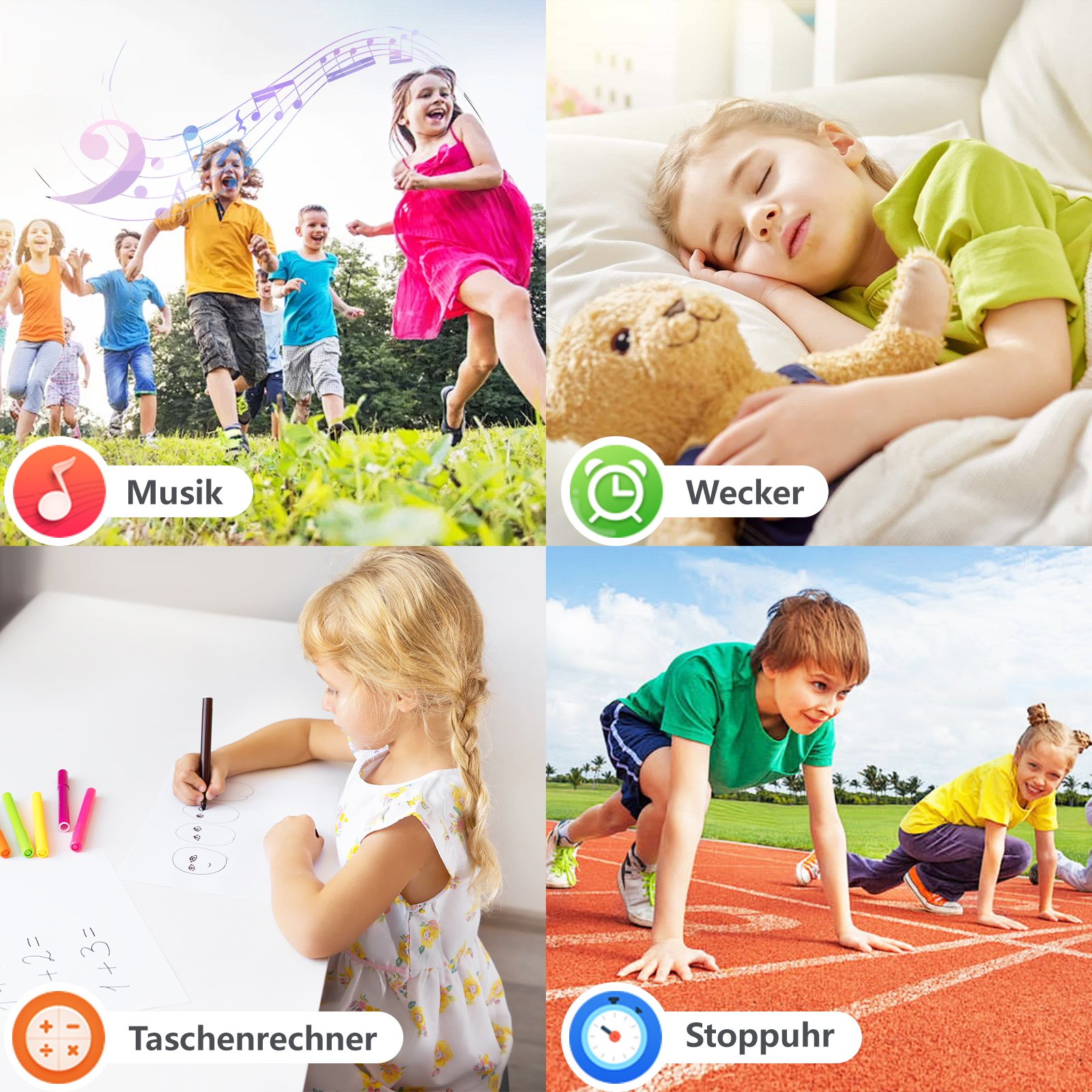 Collage von Kindern bei verschiedenen Aktivitäten: Musik, Aufwachen, Zeichnen und Sport.