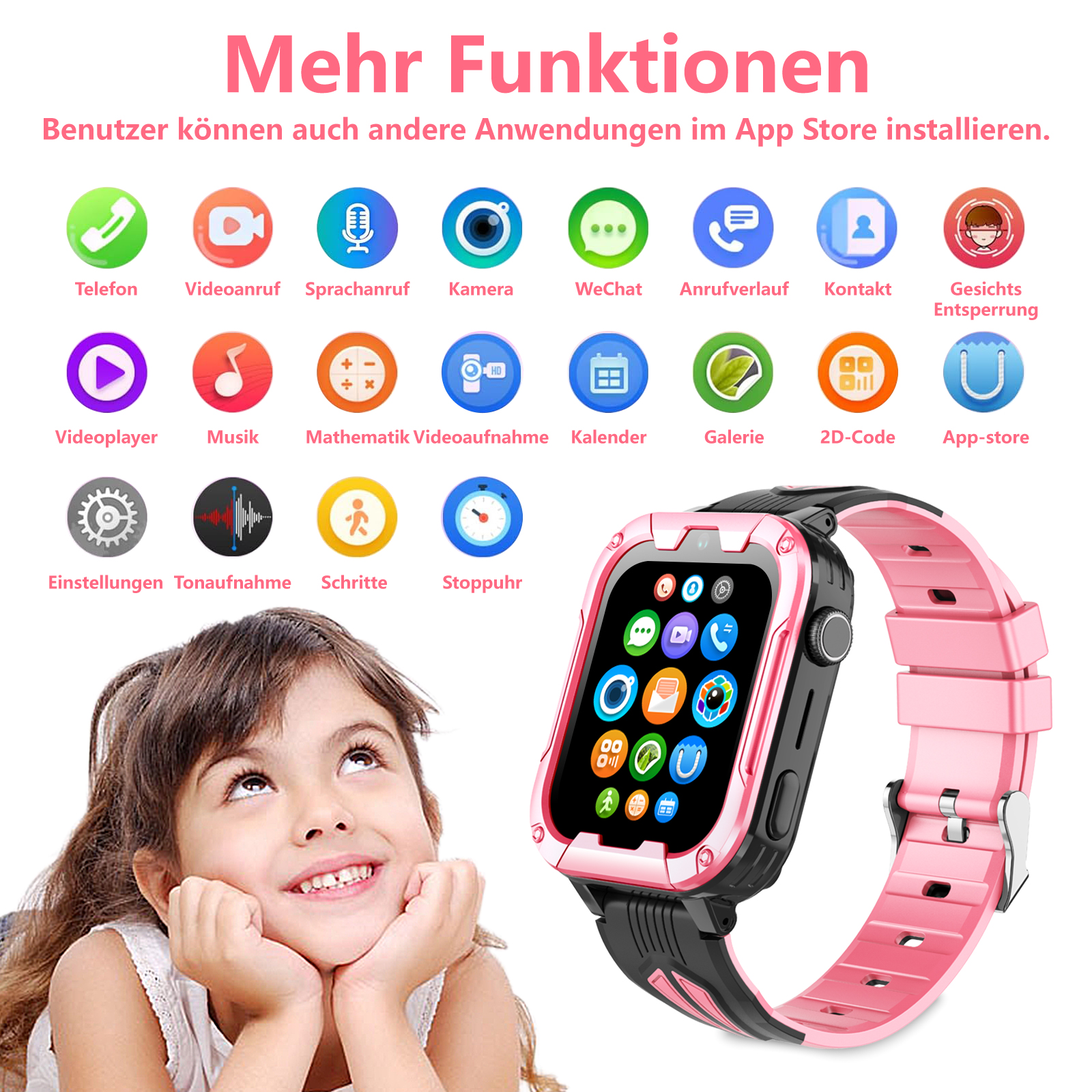 Ein Kind bewundert eine rosa-schwarze Smartwatch. Viele App-Symbole werden auf dem Bildschirm angezeigt. Weißer Hintergrund.