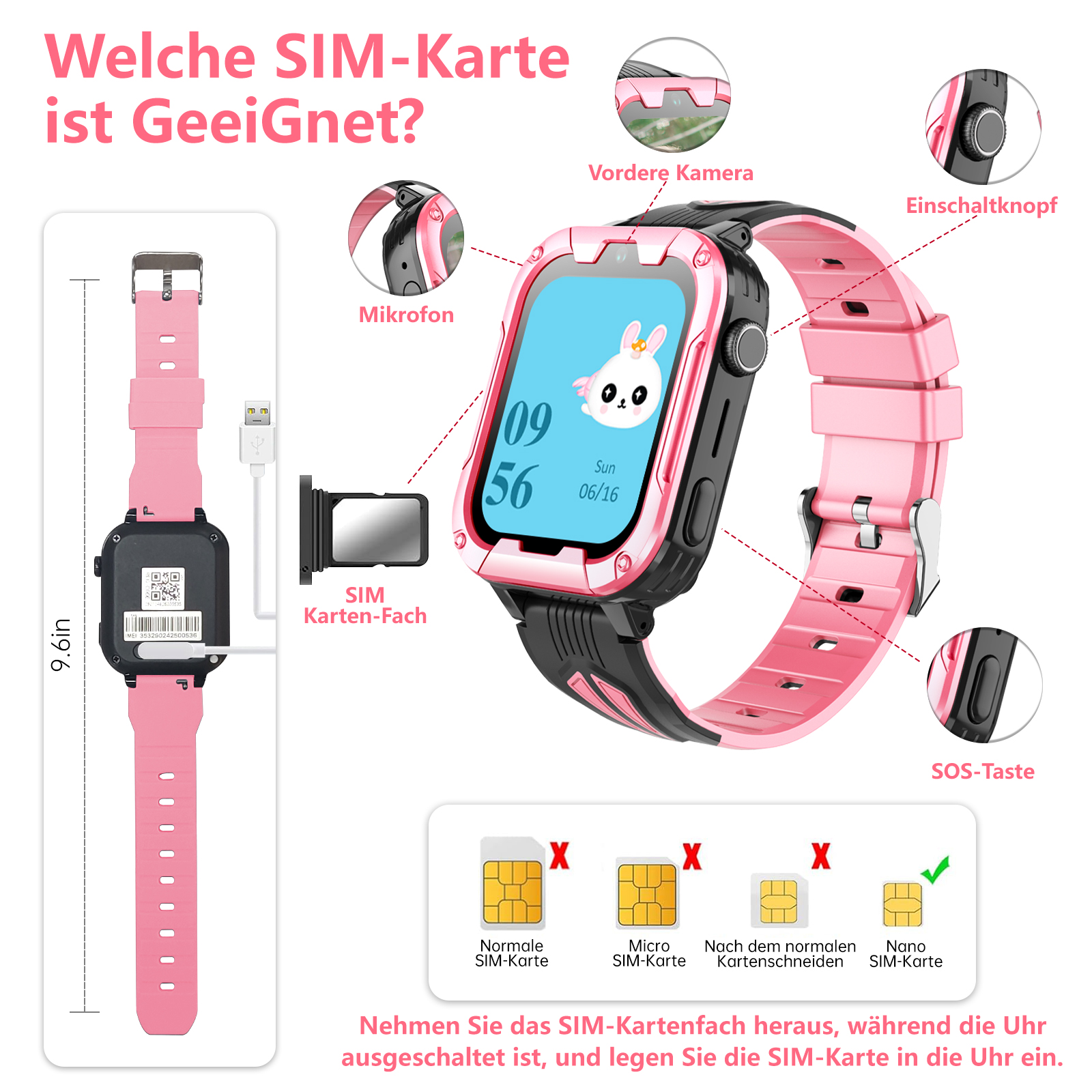 Rosafarbene Smartwatch mit rosafarbenem Armband, zeigt die Zeit und ein Häschen. Weißer Hintergrund.
