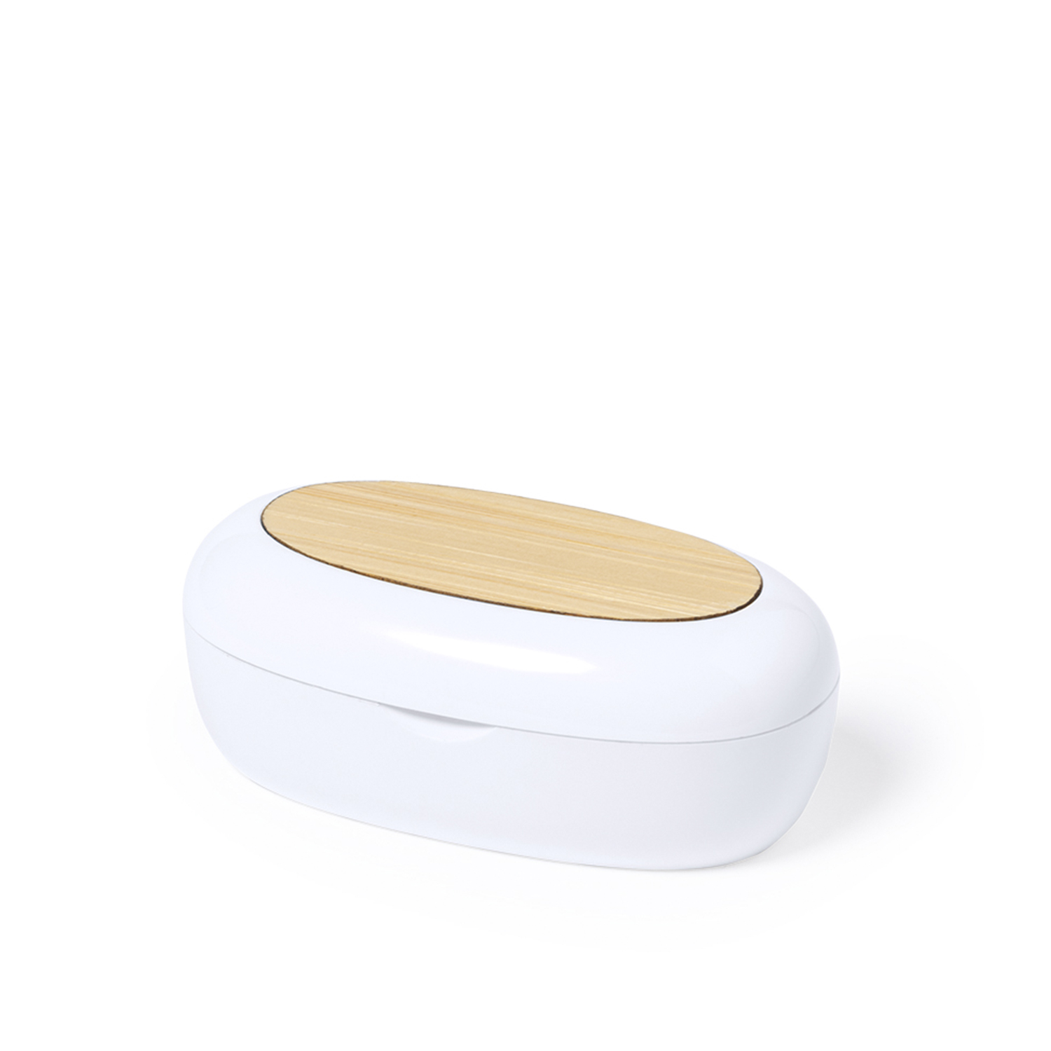 Weiße, ovale Box mit Holzdeckel. Der Deckel ist hellbraun.