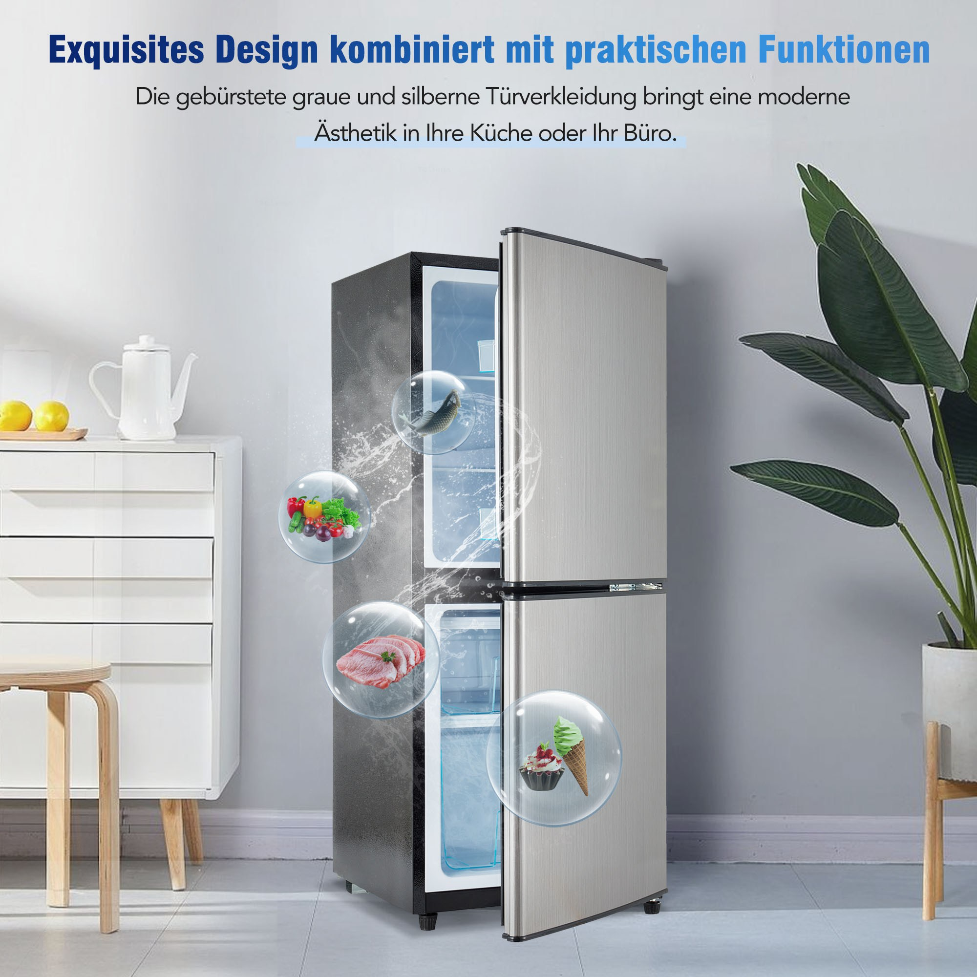 Ein Kühlschrank aus Edelstahl mit Lebensmitteln und Eisblasen. Ein Schrank und Pflanzen im Hintergrund.