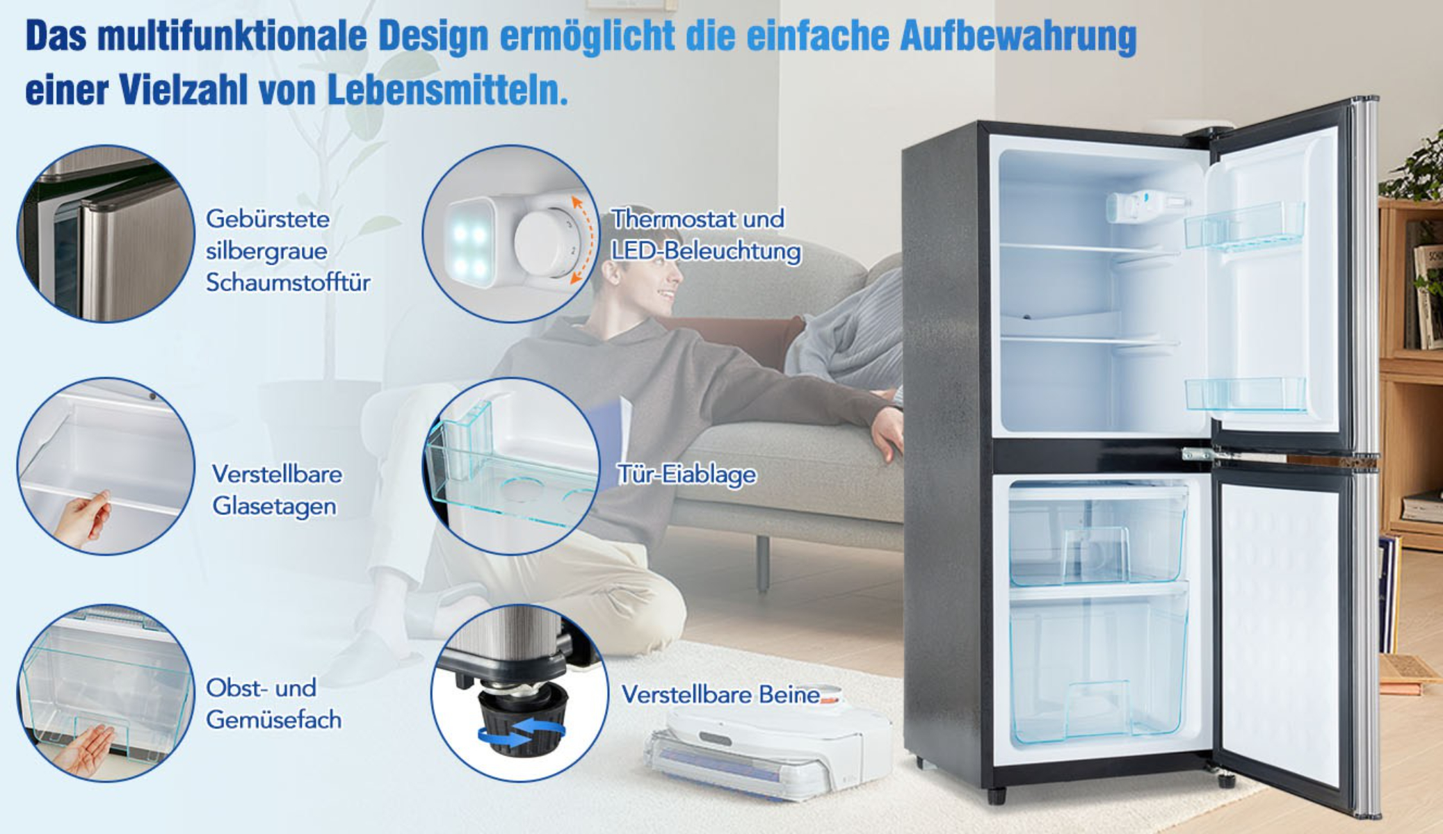 Ein Kühlschrank mit offenen Türen, mit Person im Hintergrund, die seine Funktionen zeigt.