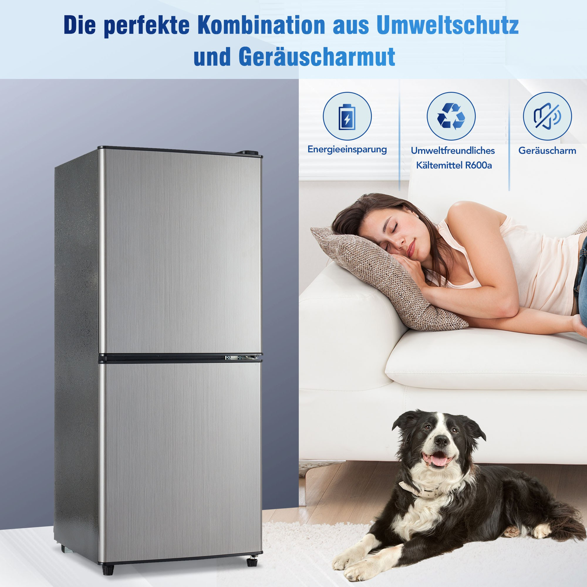Ein silberner Kühlschrank mit einer schlafenden Frau und einem Hund davor. Text über Umweltschutz.