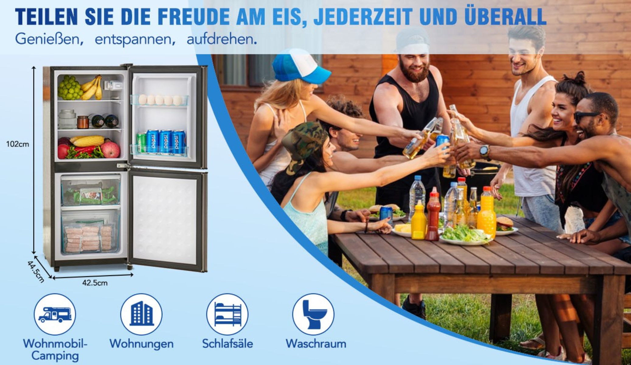 Kühlschrank offen, Gruppe von Leuten trinkt draußen. Kühlschrank hat Essen und Getränke. Leute stoßen an.