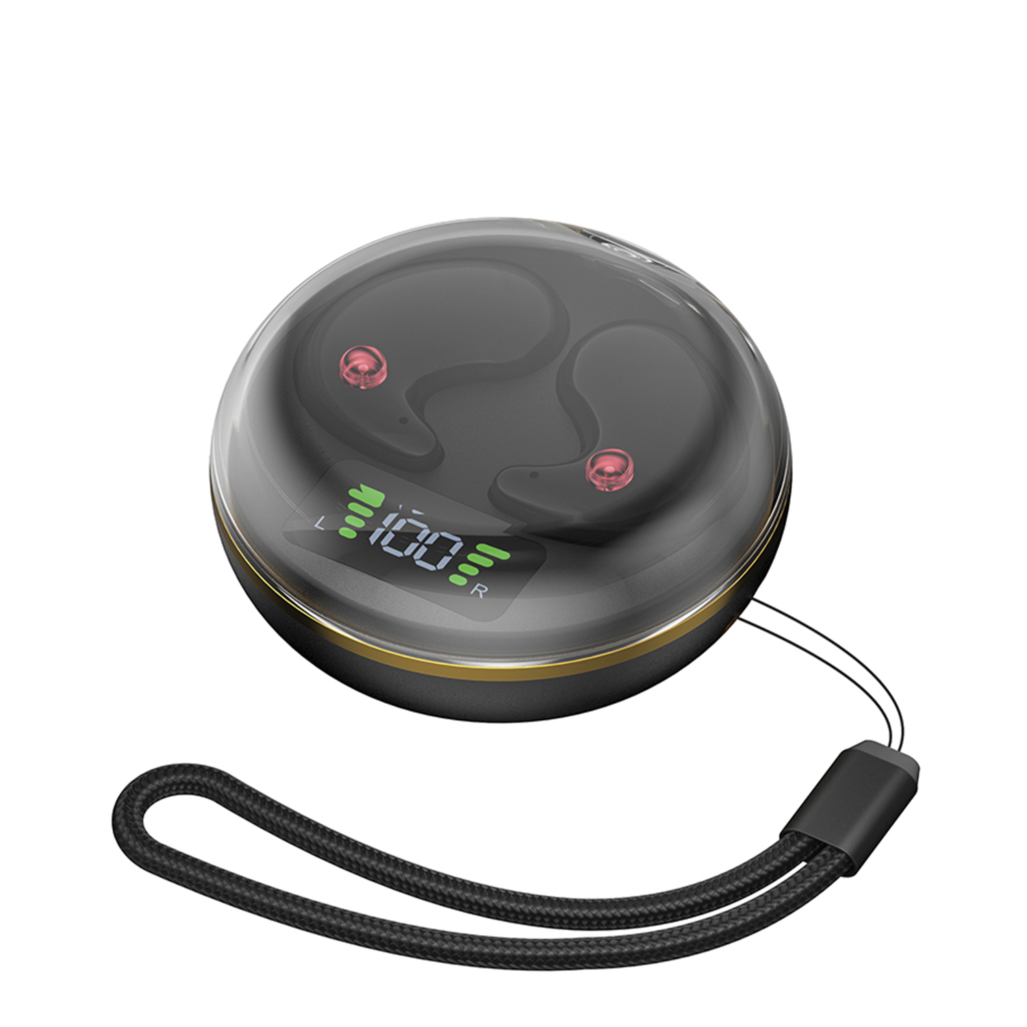 Custodia per auricolari nera con display di ricarica. Gli auricolari sono neri con dettagli rossi. Include un cinturino nero.