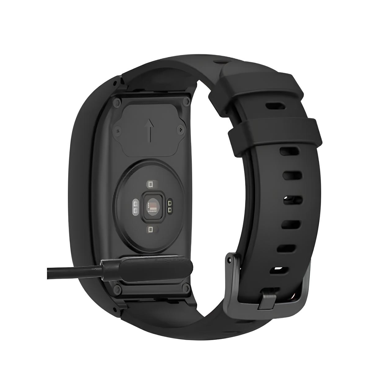 Ein schwarzer Fitnesstracker mit angeschlossenem Ladekabel. Schwarzes Band und schwarzer Hintergrund.
