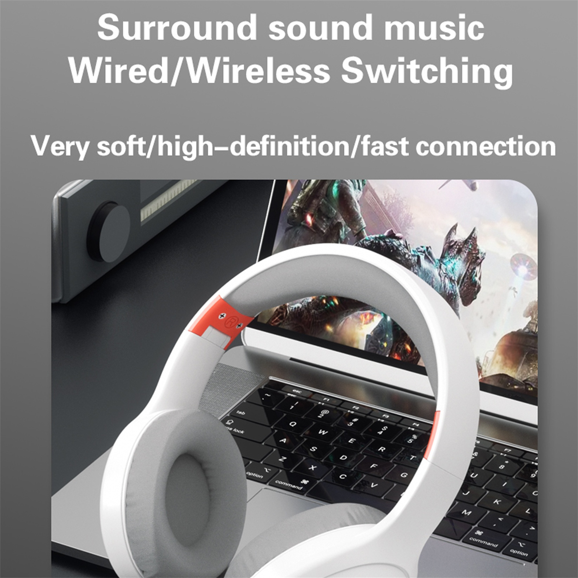 Weiße Kopfhörer auf einem Laptop, mit Text über Sound. Weißer Hintergrund.
