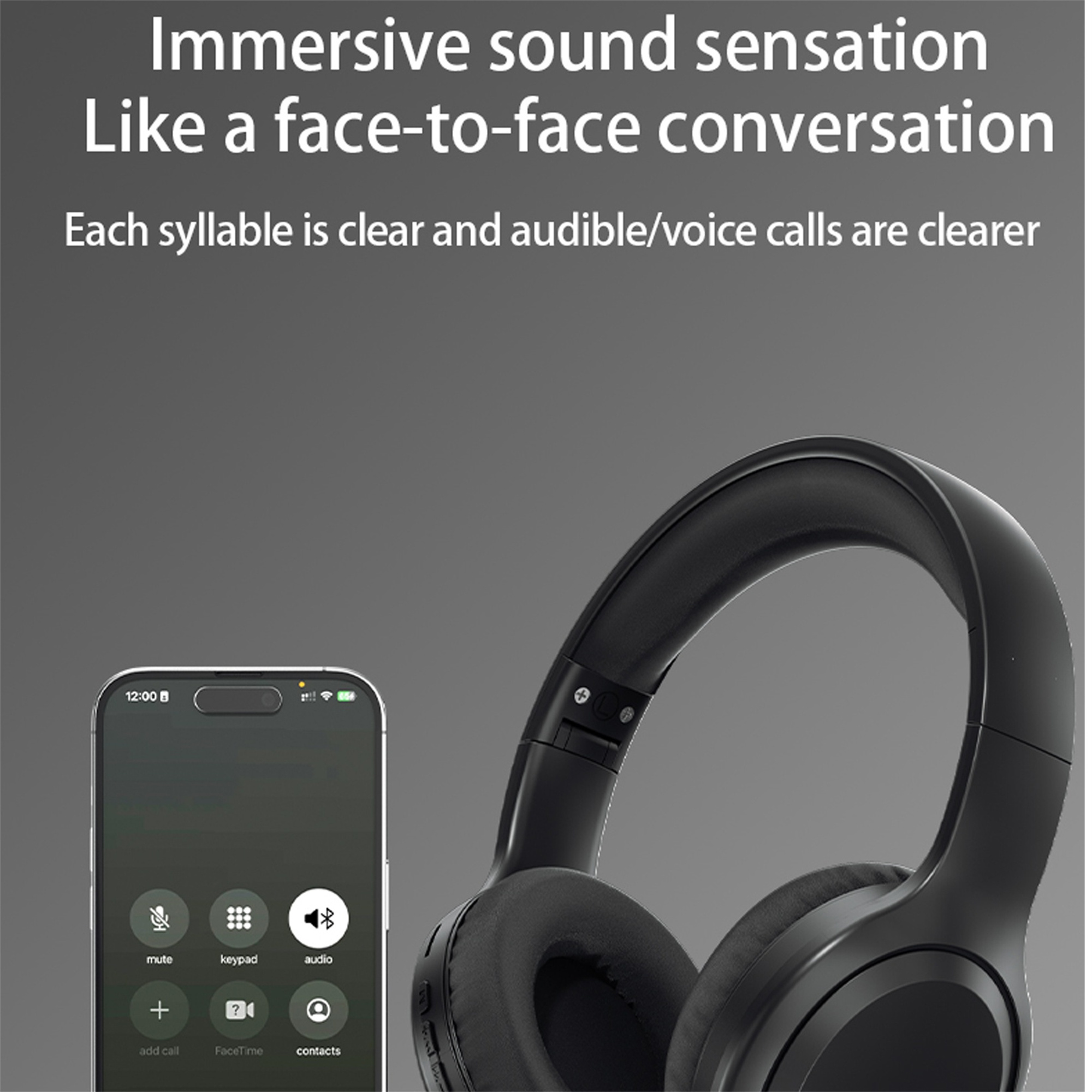 Kopfhörer und ein Smartphone mit Anrufschnittstelle. Der Text erwähnt immersiven Sound.