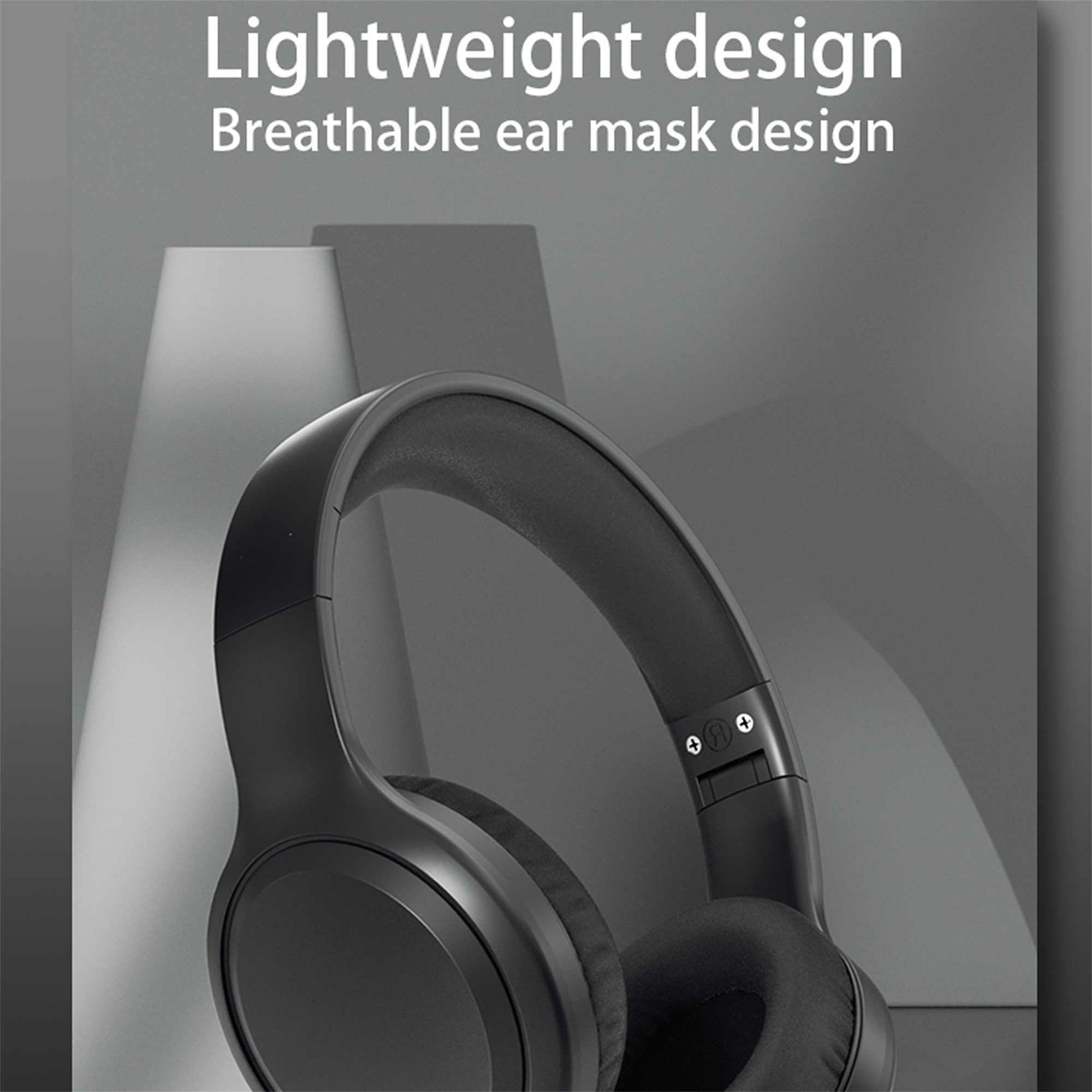 Schwarze Kopfhörer vor hellem Hintergrund mit den Worten 'Leichtes Design'.