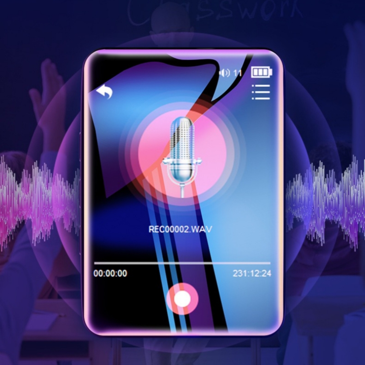 Smartphone-Bildschirm mit einer Aufnahme-App, mit Schallwellen.
