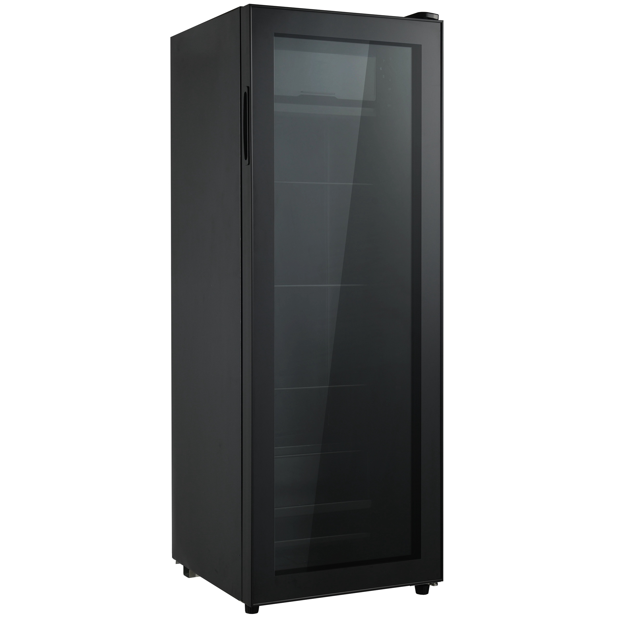 Schwarzer Minikühlschrank mit Glastür. Im Inneren befinden sich Regale. Der Kühlschrank ist hoch und rechteckig.