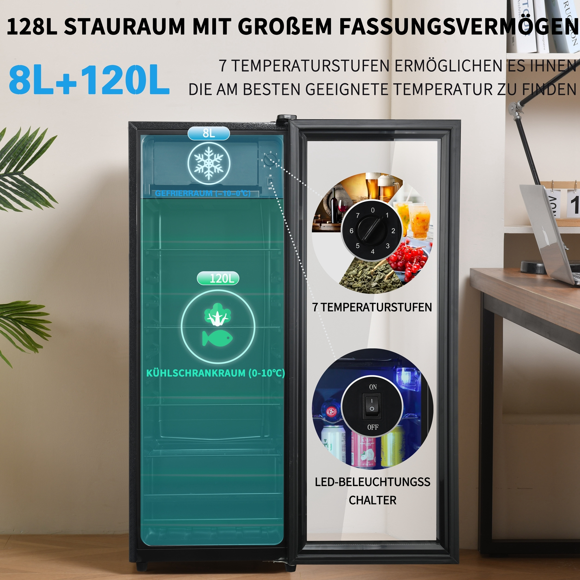 Ein kleiner Kühlschrank mit 8L und 120L Fächern. Enthält Illustrationen und Text.