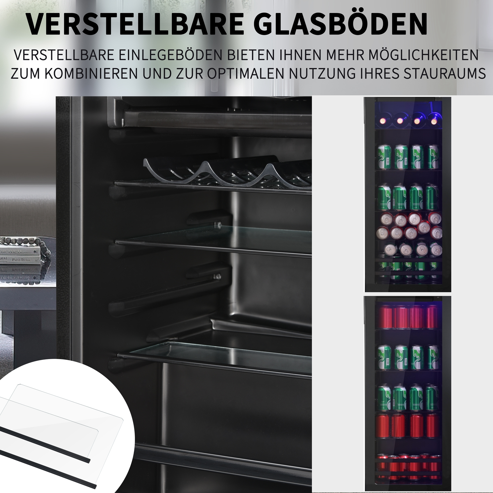 Innenansicht eines Kühlschranks mit verstellbaren Glasböden und Regalen voller Getränke.