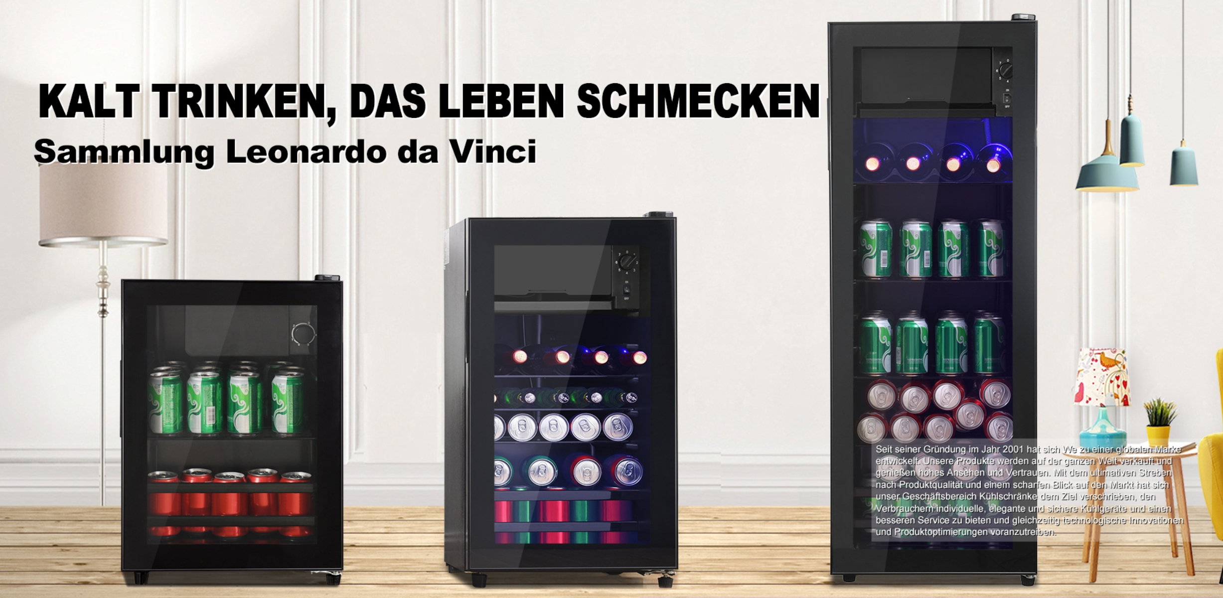 Drei Kühlschränke werden angezeigt. Der Text "KALT TRINKEN, DAS LEBEN SCHMECKEN" steht oben.