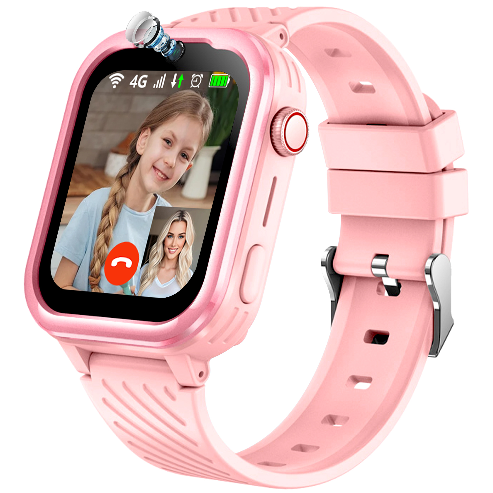 Rosa Smartwatch mit Videoanruf auf dem Bildschirm, zeigt ein Mädchen und eine Frau.