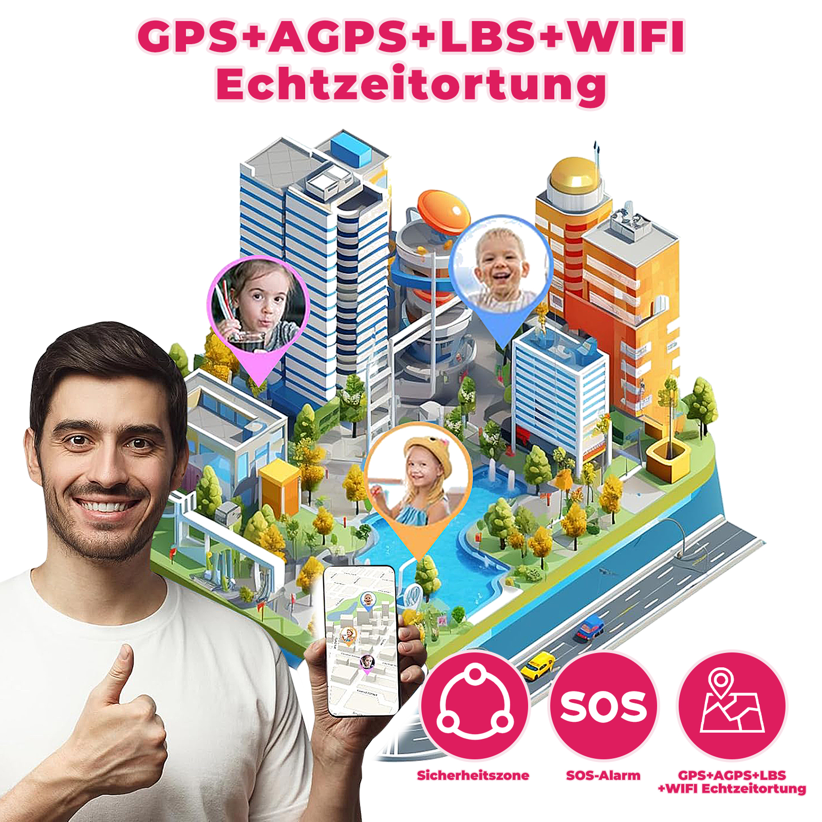 Ein Mann zeigt ein Telefon mit GPS-Karte mit Kinderstandorten und Daten. Der Titel lautet: GPS+AGPS+LBS+WIFI Echtzeitortung.