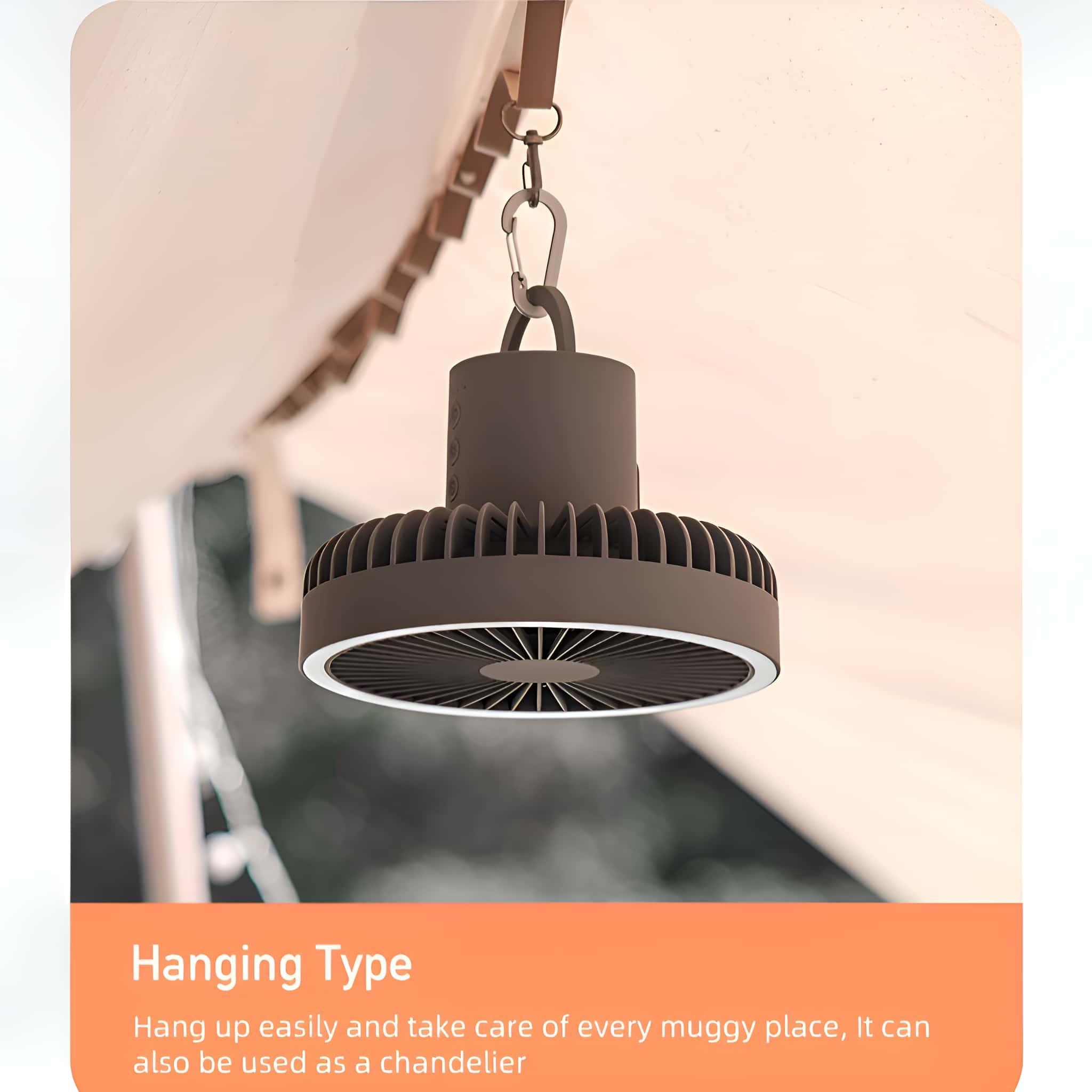 Hängeventilator mit Haken, am Zelt befestigt.