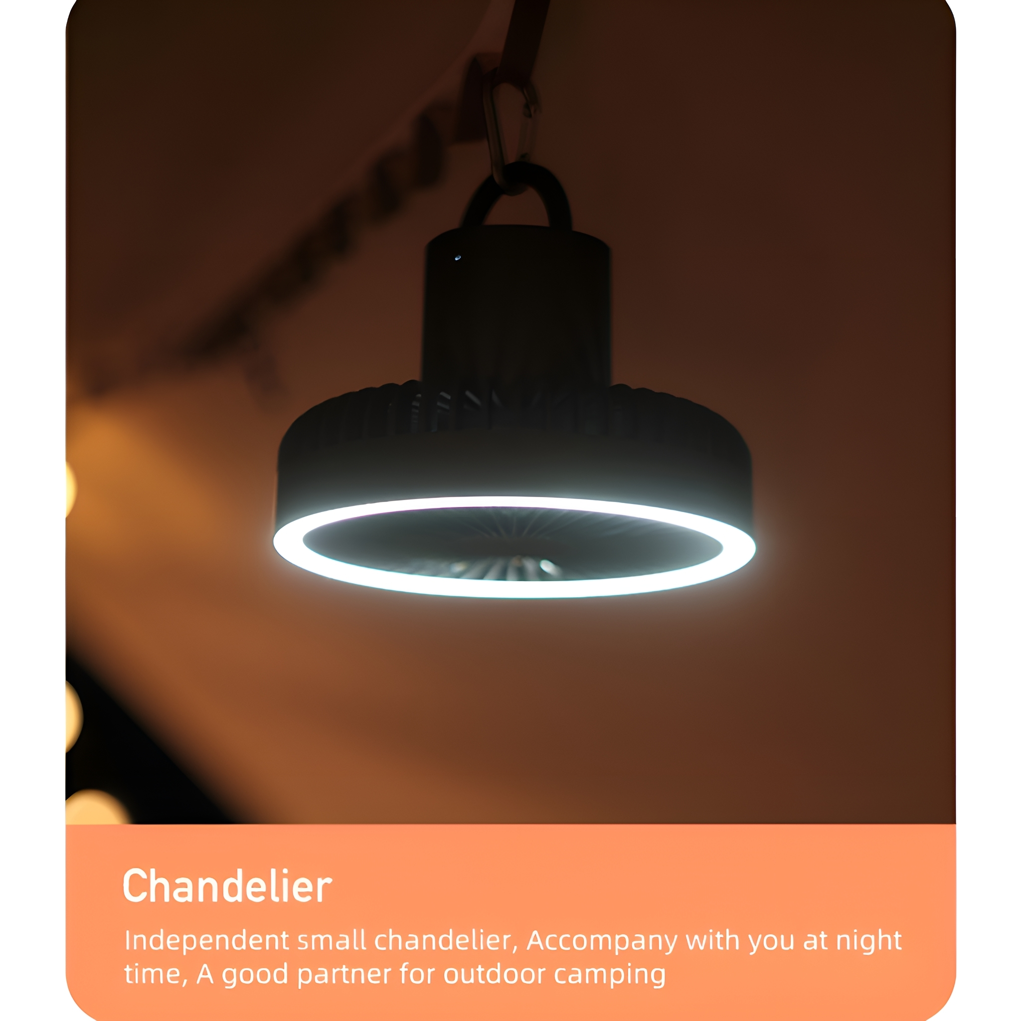 Schwarzer Kronleuchter mit Lichtring, hängend in einem dunklen Raum. Orangeton, Text unten.