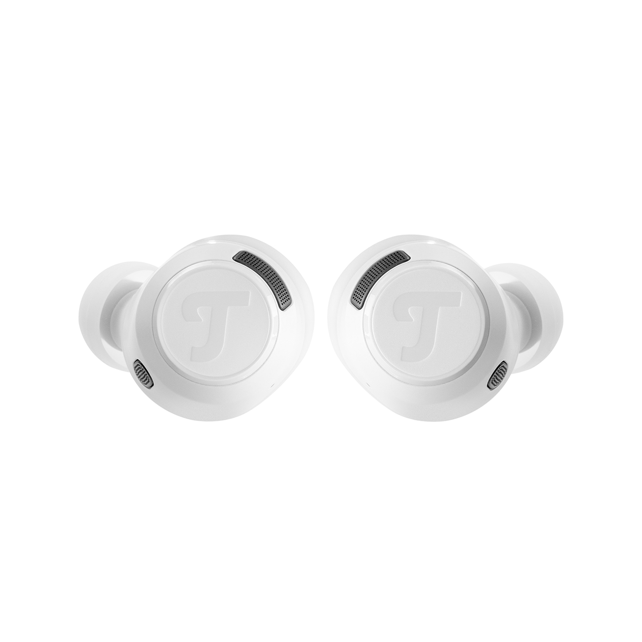 Dwie białe bezprzewodowe słuchawki z czarnym wzorem siatki, każda z białym logo 'T'.