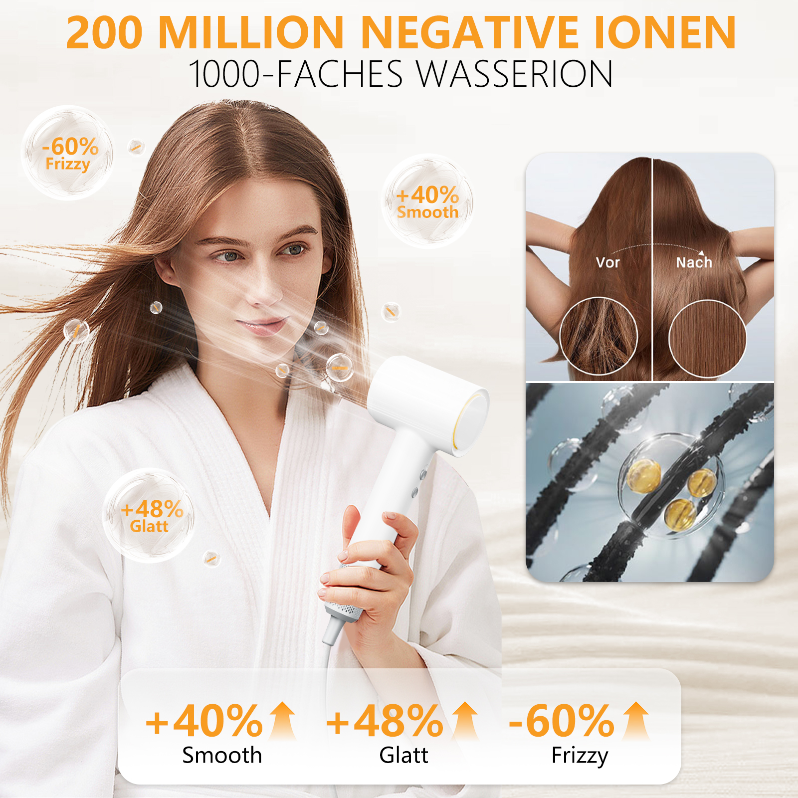Frau benutzt einen weißen Haartrockner mit Diagrammen zu Haartransformationseffekten.