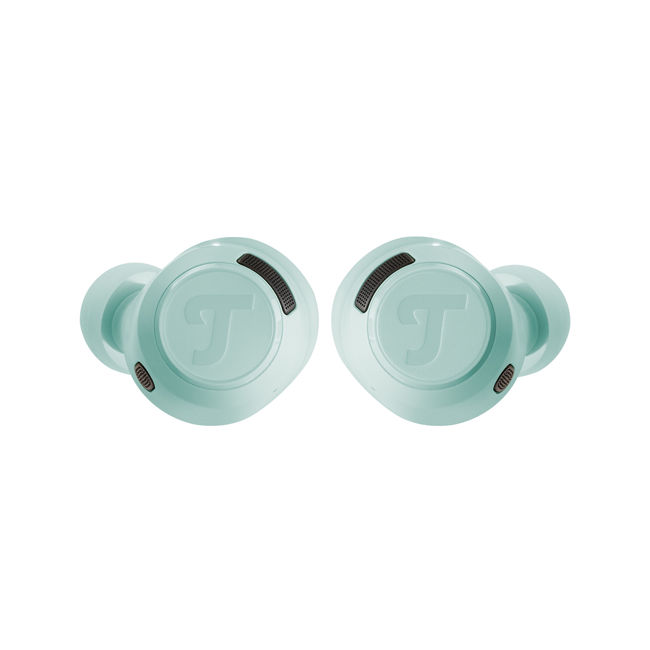 Dwa miętowo-zielone słuchawki douszne. Na górze słuchawek znajduje się czarna siatka i logo 'T'.