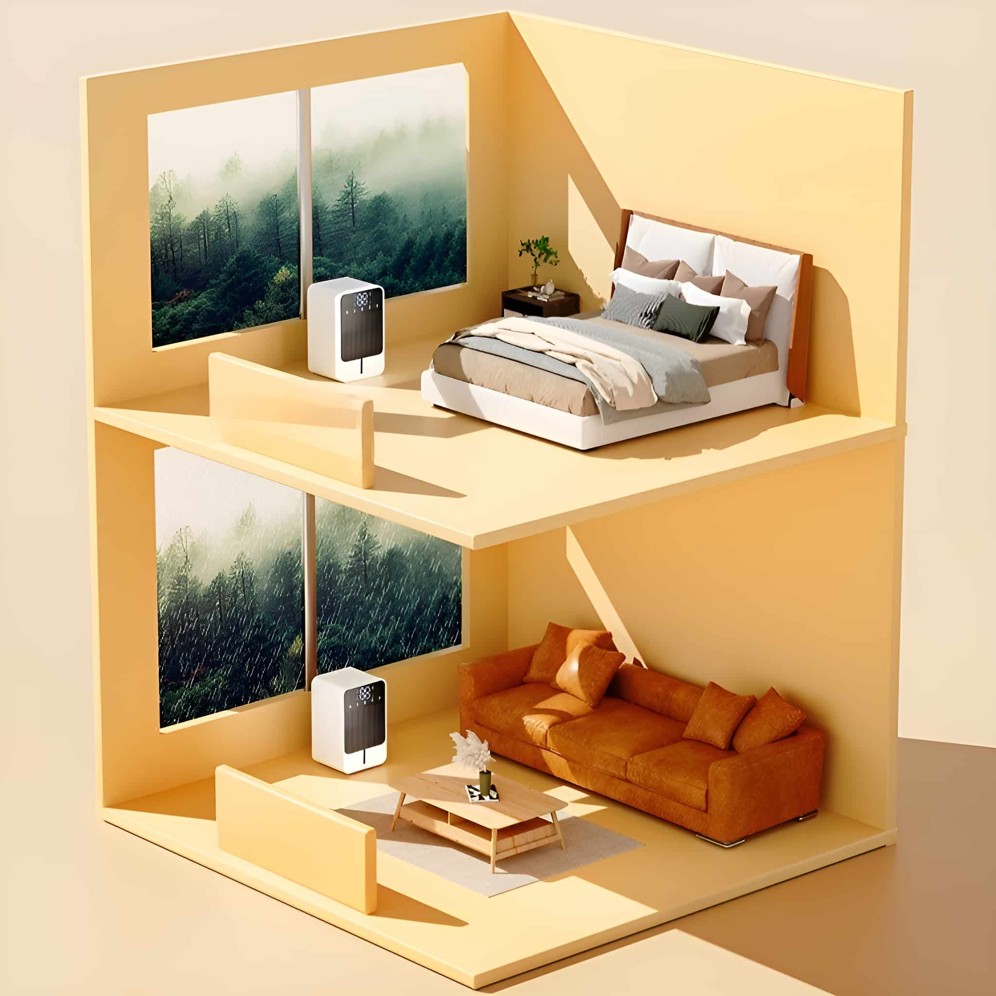 Modellraum mit zwei Etagen, Schlafzimmer und Wohnzimmer mit Waldblick.