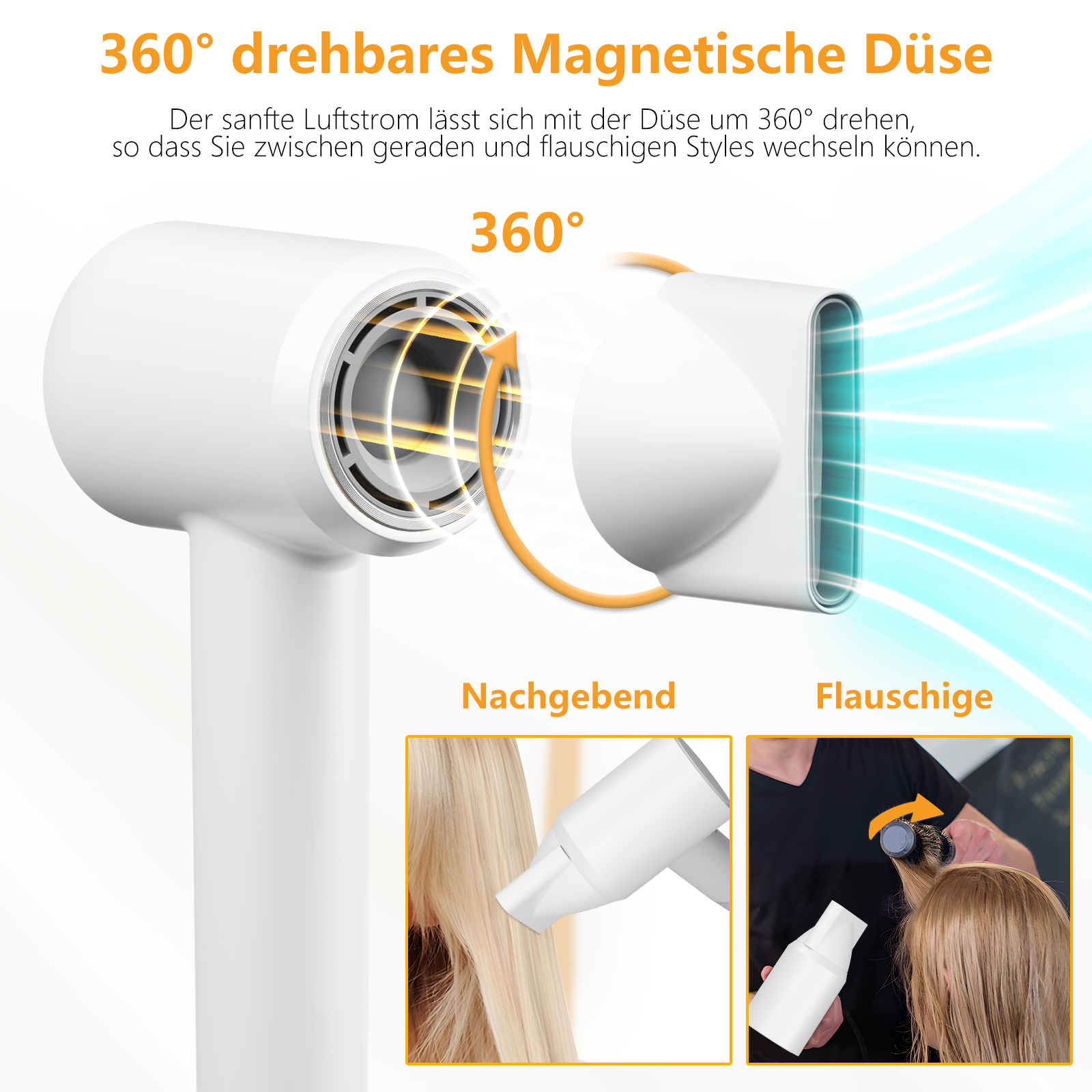 Weißer Haartrockner mit 360-Grad-Drehkopf, gezeigt mit Styling-Beispielen.