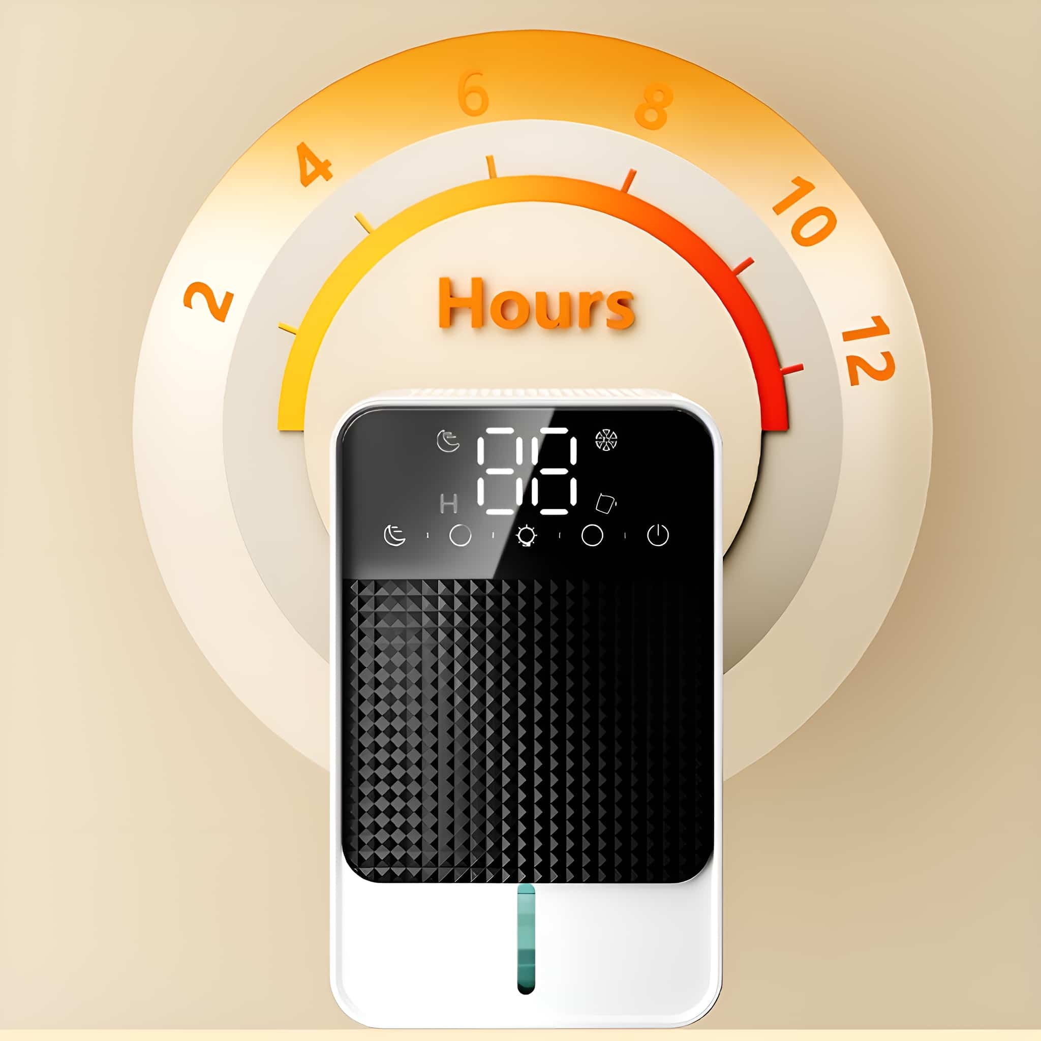 Luftreiniger mit Digitalanzeige und Timer-Rad. Weißes und schwarzes Design.