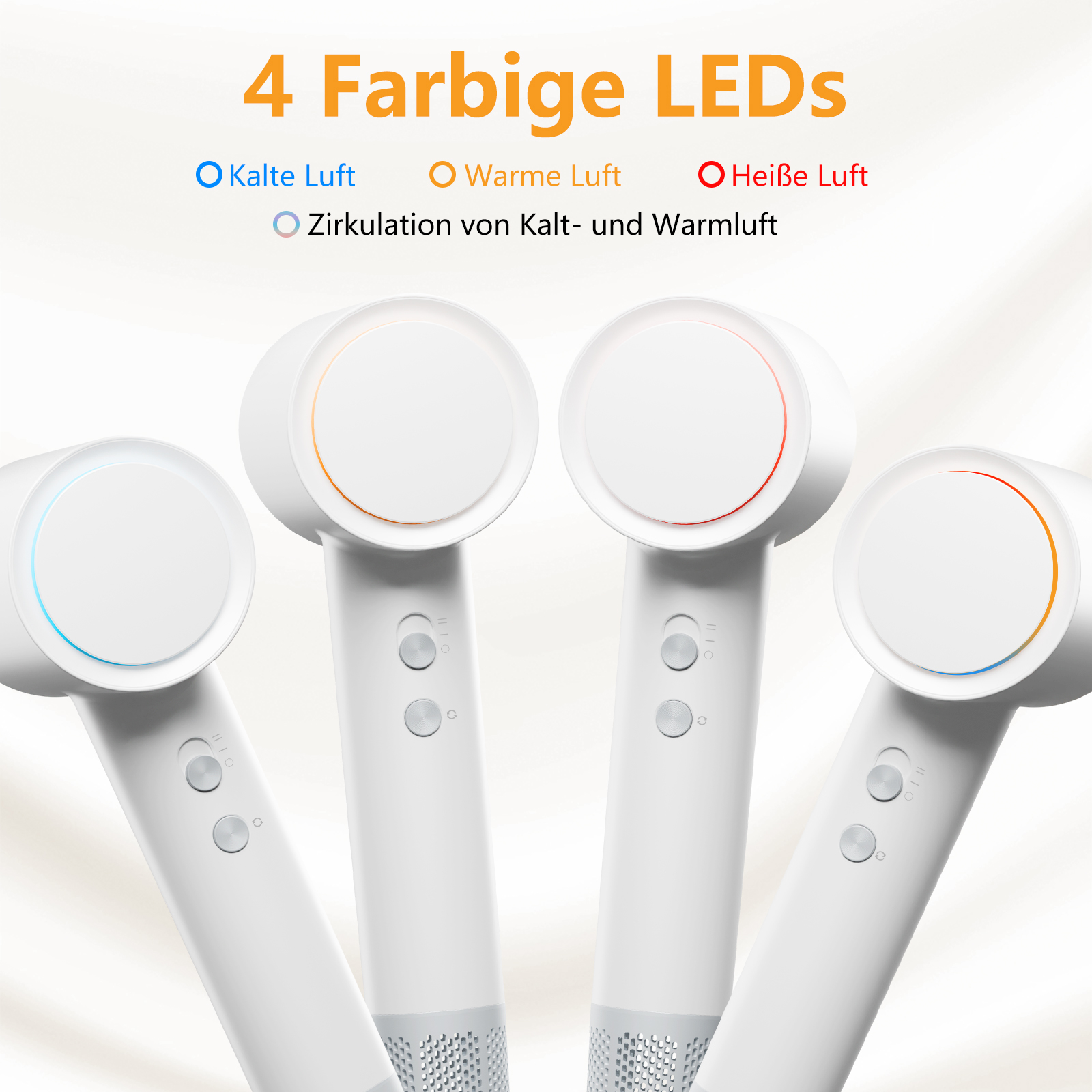 Vier weiße Haartrockner mit farbcodierten LED-Leuchten, die kalte, warme und heiße Luftzirkulation anzeigen.
