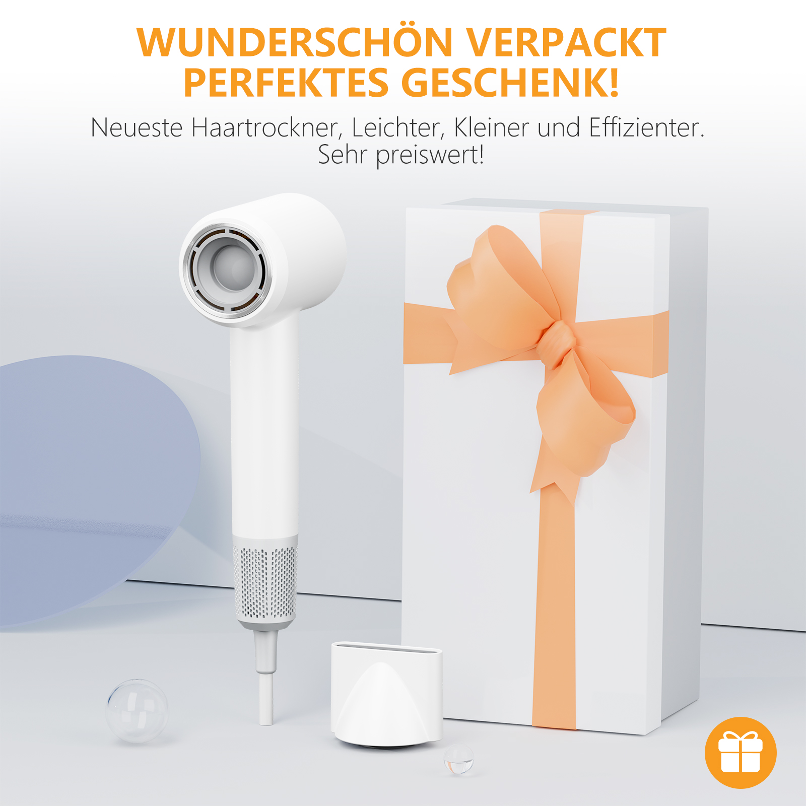 Weißer Geschenkbox mit orangefarbenem Band. Ein weißer Haartrockner und andere Produkte vor der Box.