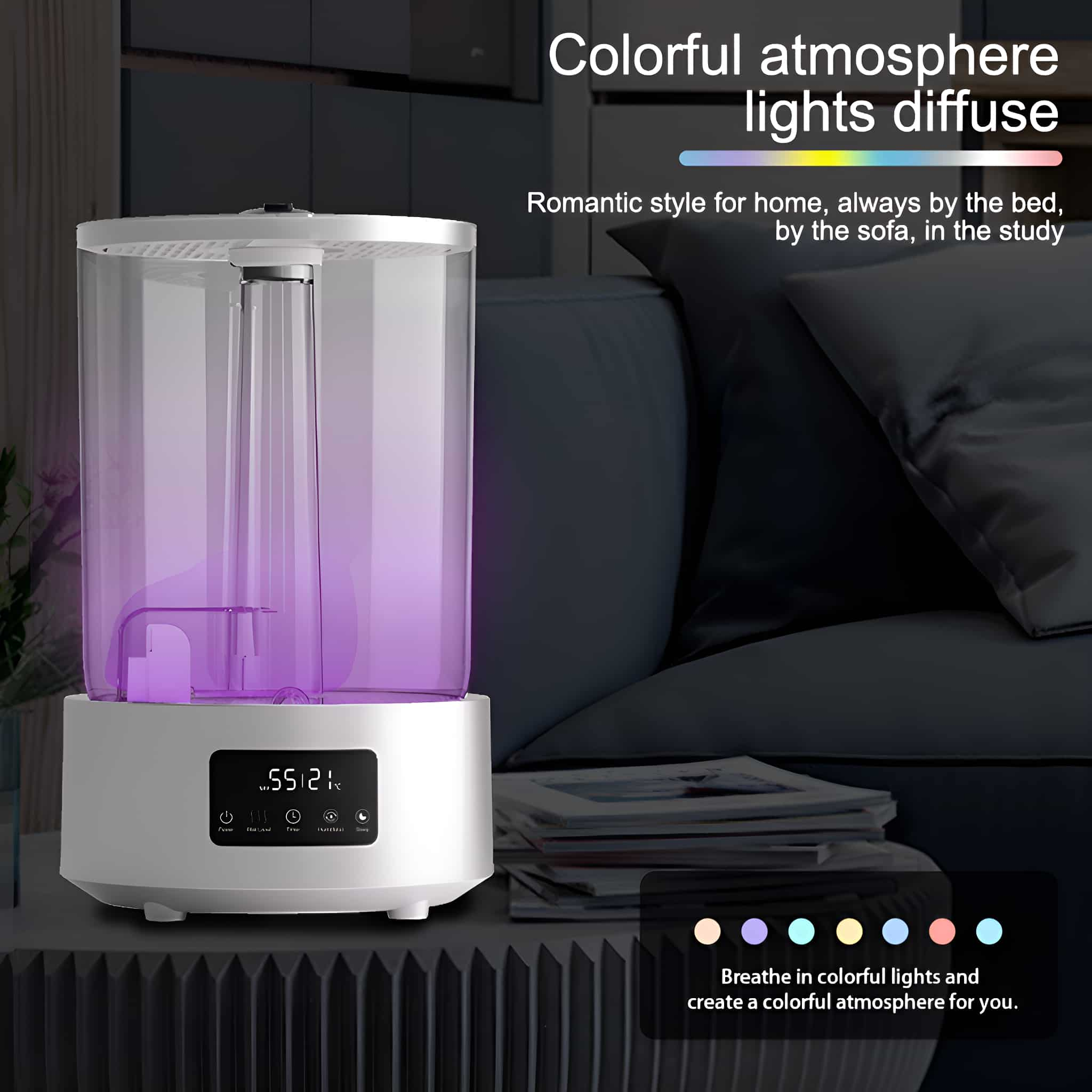 Weißer Luftbefeuchter mit lilafarbenem Licht. Text: Farbenfrohe Atmosphäre diffundiert. Lila, blau, grün und mehr.