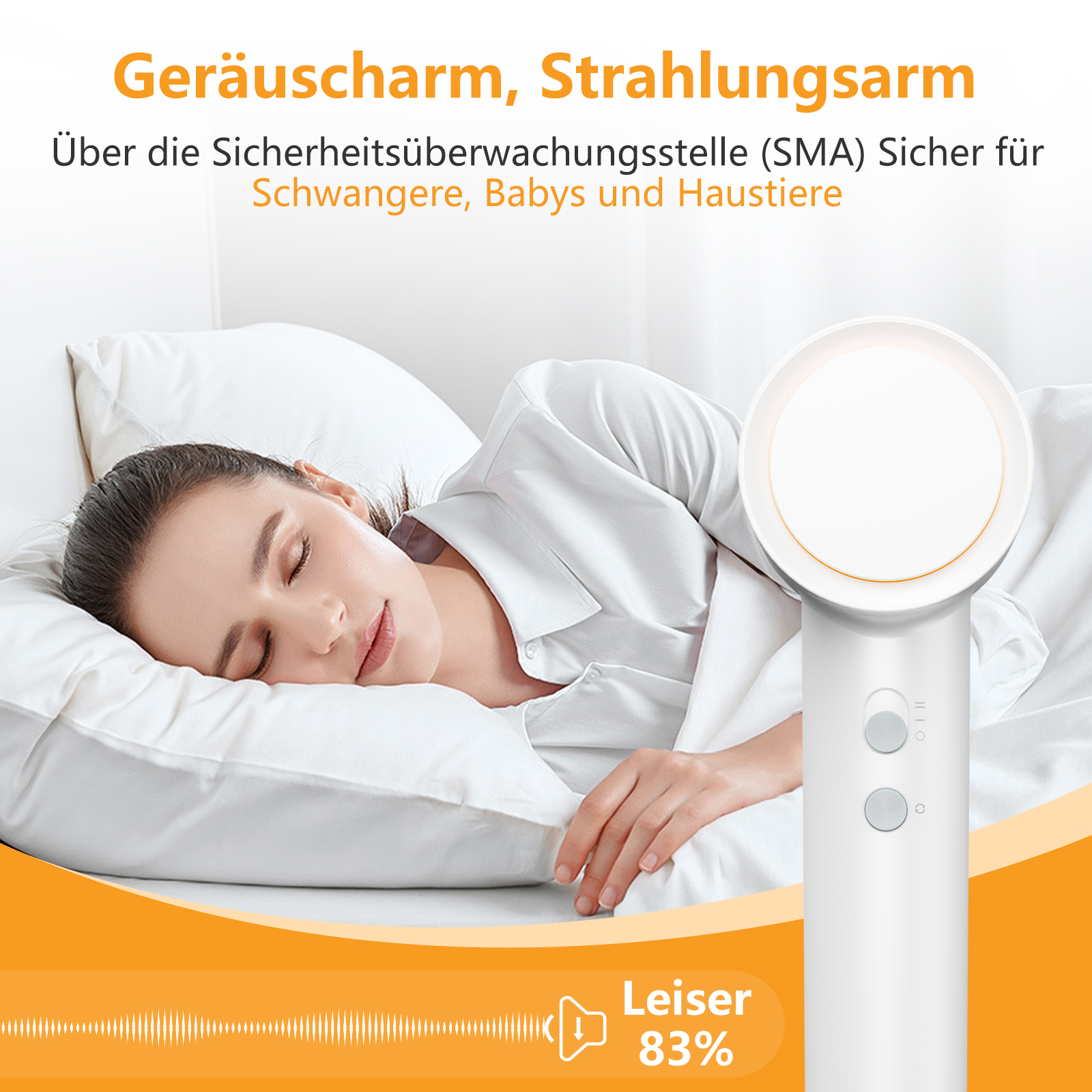 Schlafende Frau mit Haartrockner, mit dem Label für geringe Geräuschentwicklung.