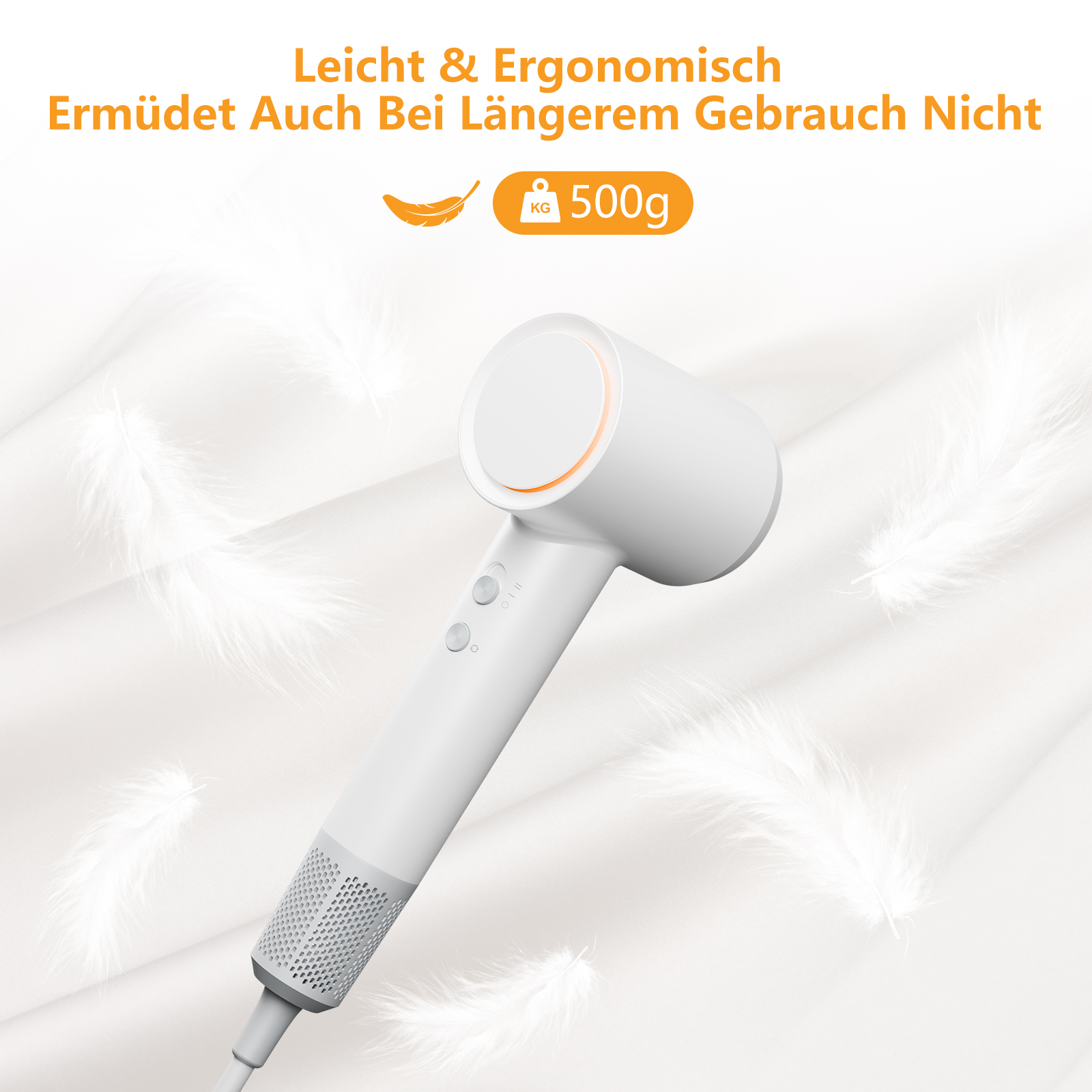 Weißer Haartrockner mit orangefarbenen Akzenten und Federn, mit Text über Leichtigkeit und Ergonomie.