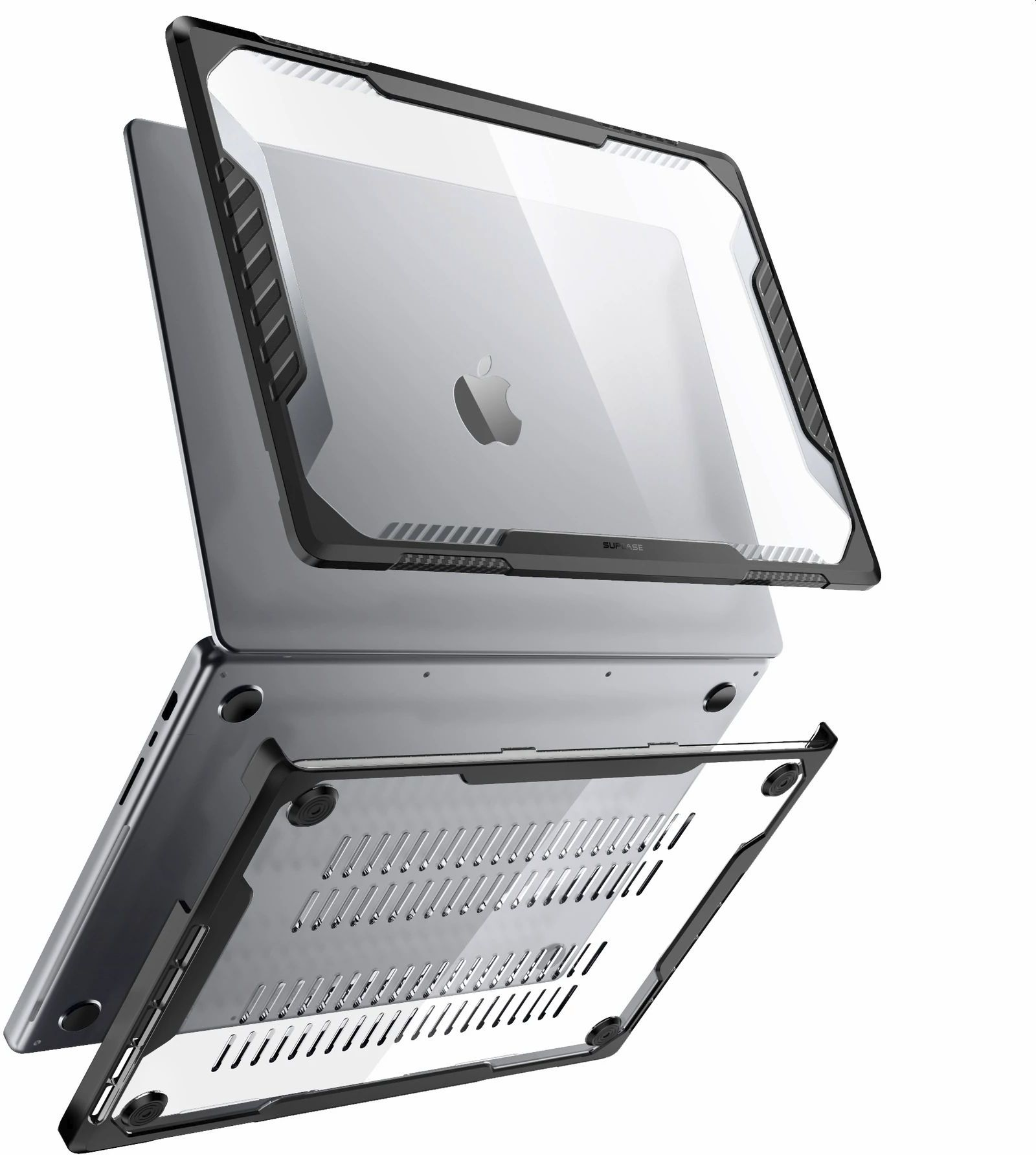 Laptop in transparenter Hülle. Schwarzer Rahmen. Apple-Logo sichtbar.