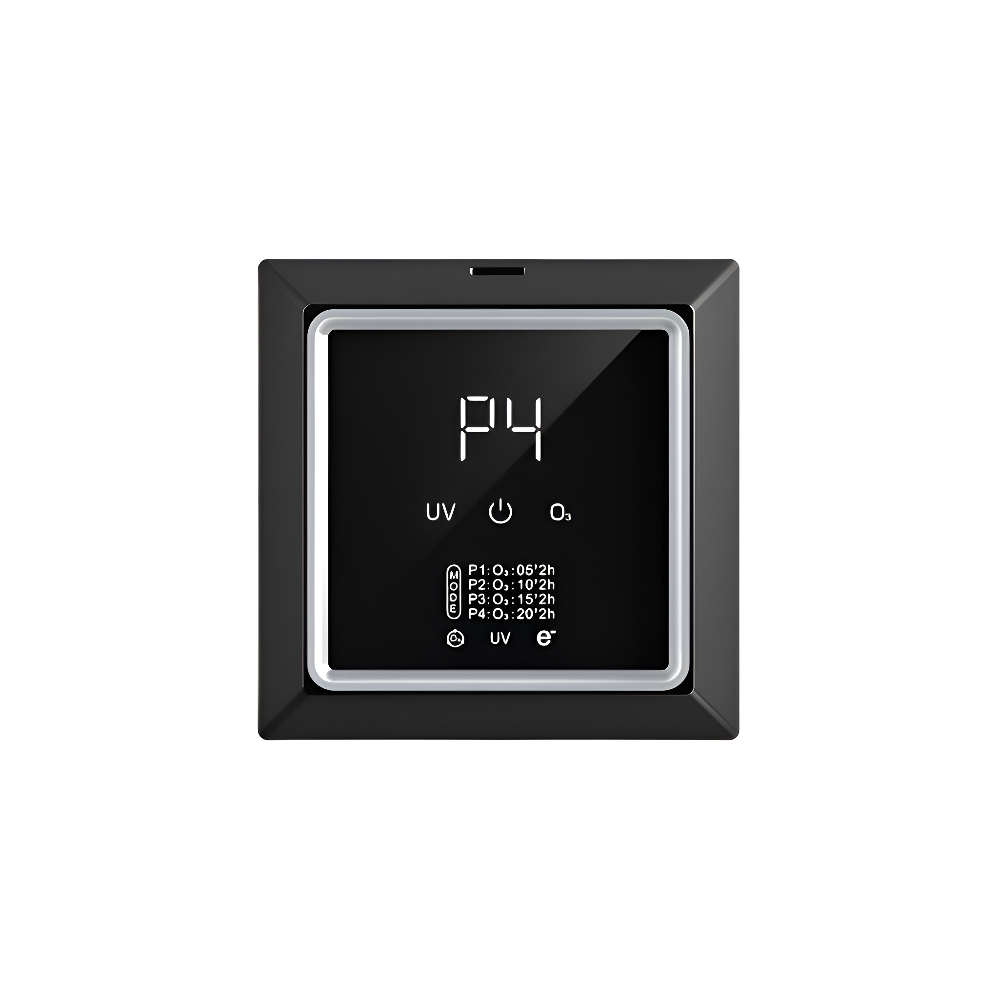Schwarzes Gerät mit Bildschirm, beschriftet P4. Zeigt UV, O und Timer an.