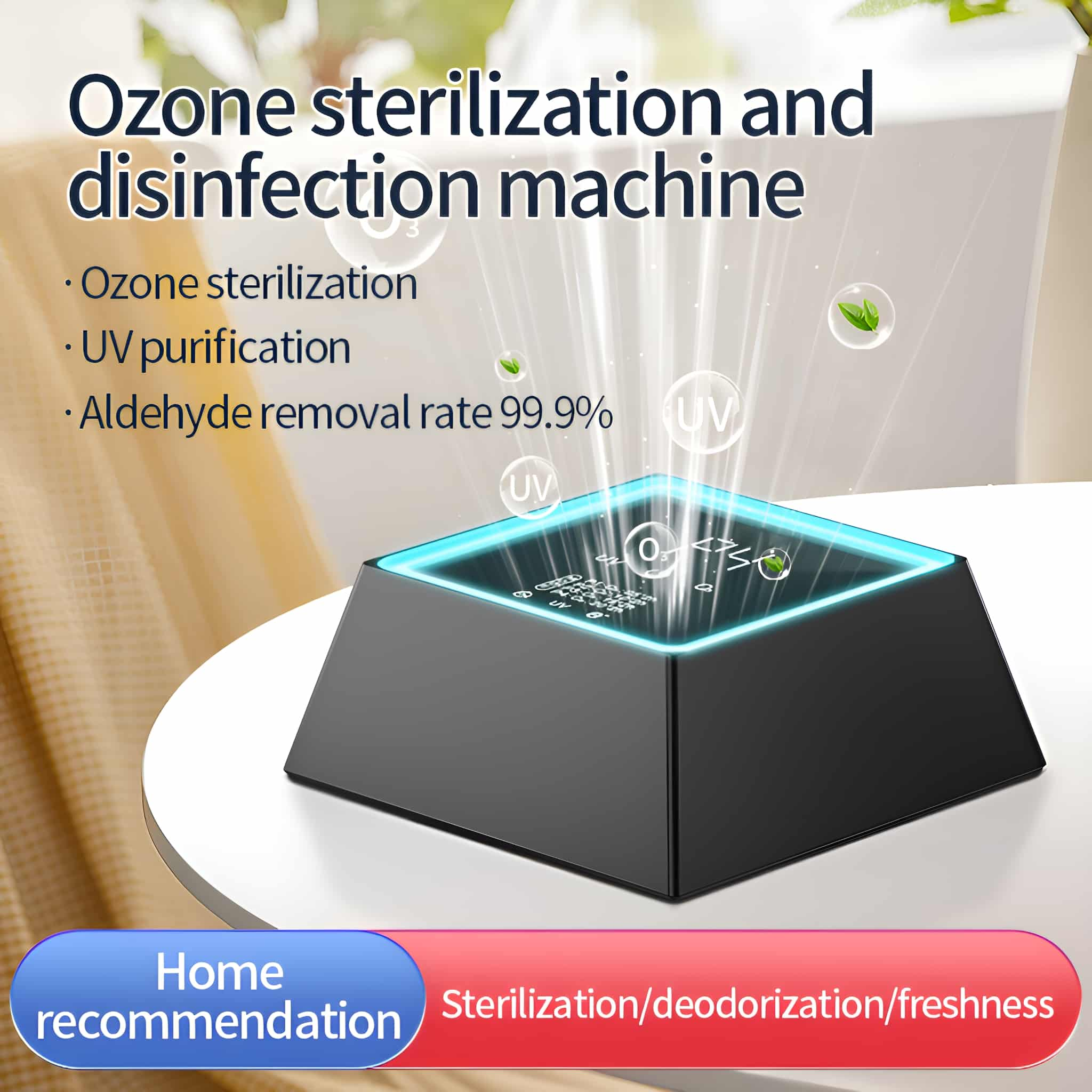 Eine schwarze Ozon-Sterilisationsmaschine mit blauem Licht. Text erwähnt Ozonsterilisation und UV-Reinigung.