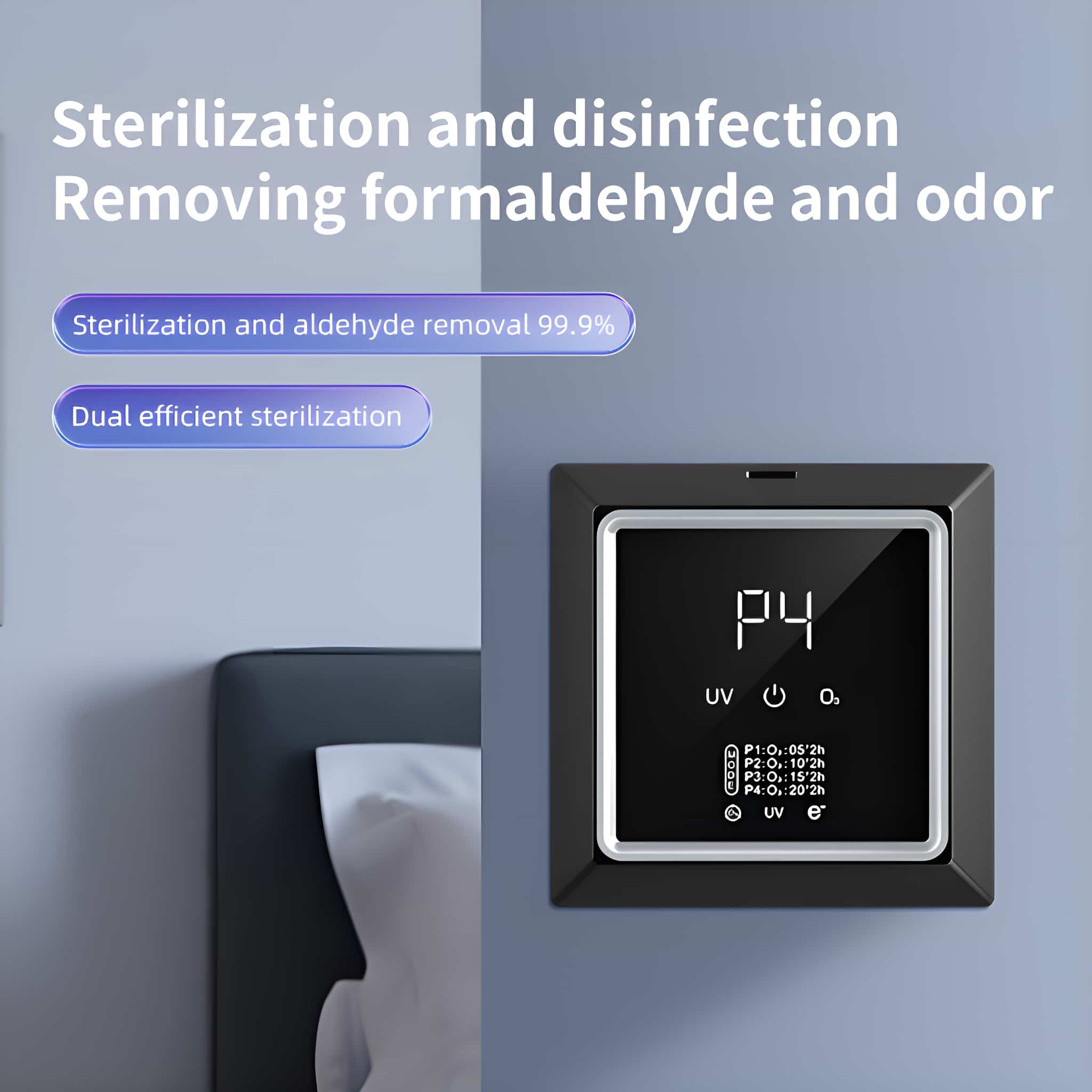Schwarzes Gerät mit Display, Text über Sterilisation und Desinfektion.