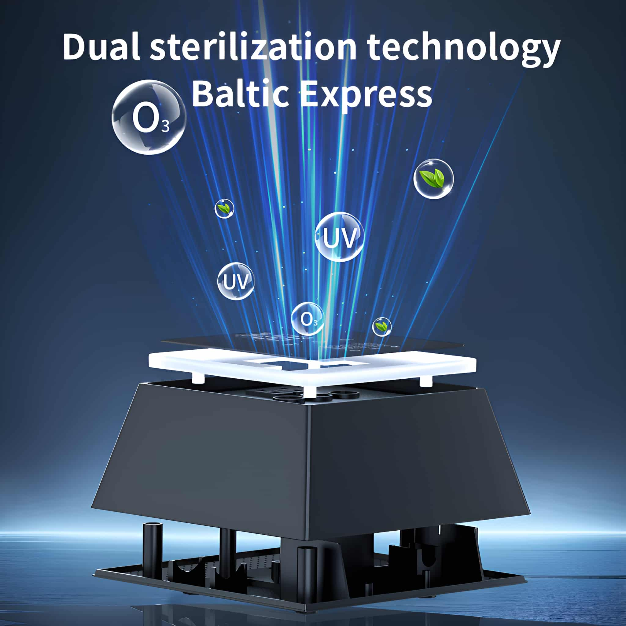 Ein schwarzes Gerät mit weißer Oberseite, mit Text über Dual-Sterilisationstechnologie und UV-Licht.