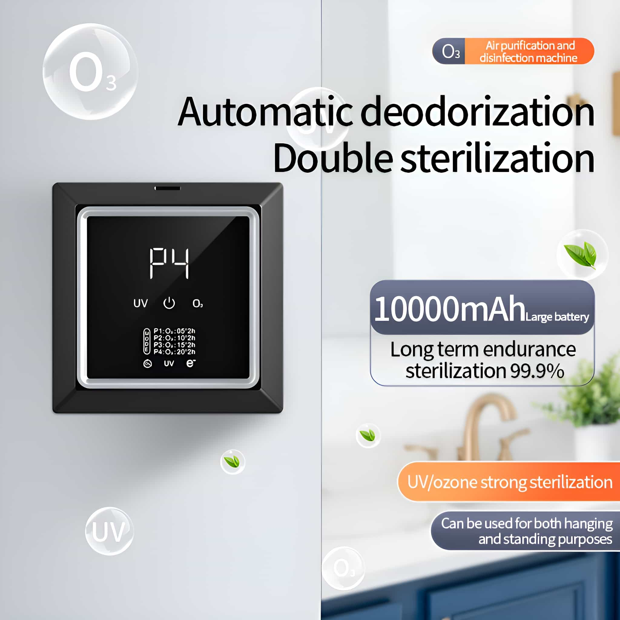 Ein schwarzes Gerät mit Bildschirm und Knöpfen an einer weißen Wand. Text über Sterilisation und Batteriekapazität ist ebenfalls vorhanden.
