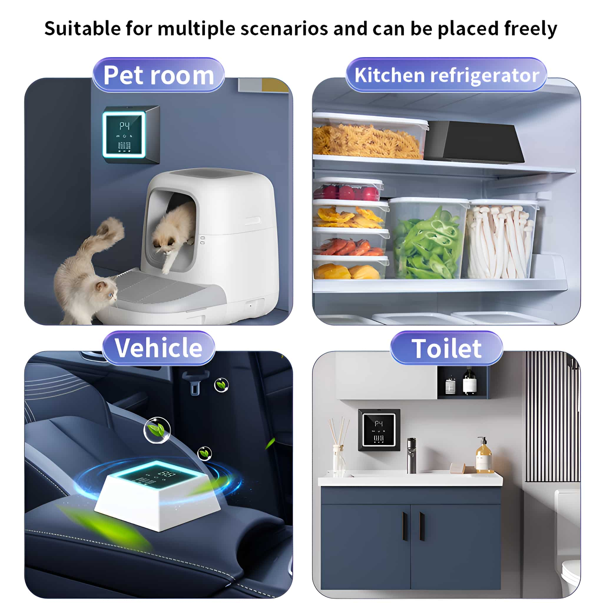Das Bild zeigt ein Haustierzimmer, einen Kühlschrank, einen Fahrzeuginnenraum und eine Toilette, die alle die Produktverwendung zeigen.