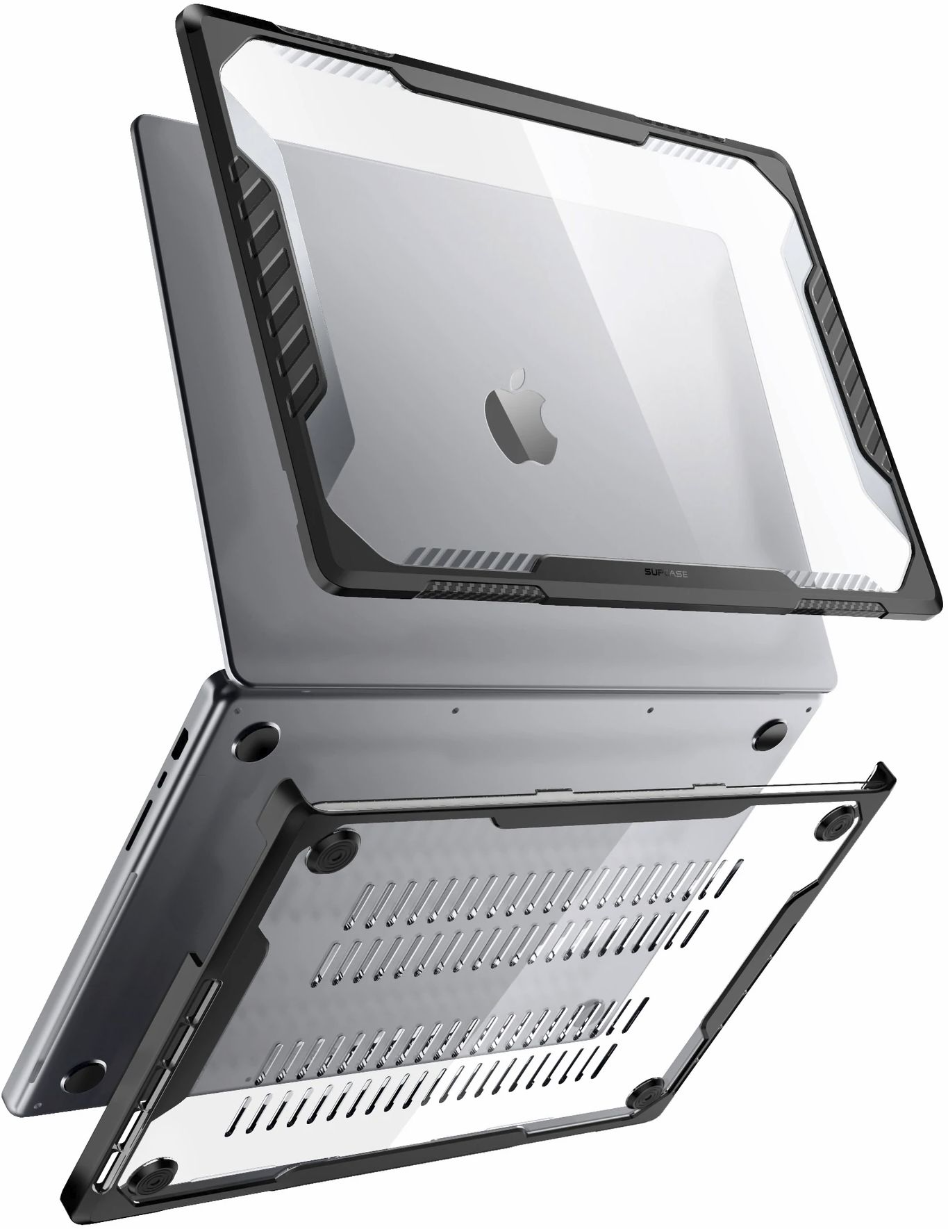 Ein Laptop in einer schwarzen und transparenten Hülle. Die Hülle ist geöffnet und der Laptop sichtbar. Der Hintergrund ist weiß.