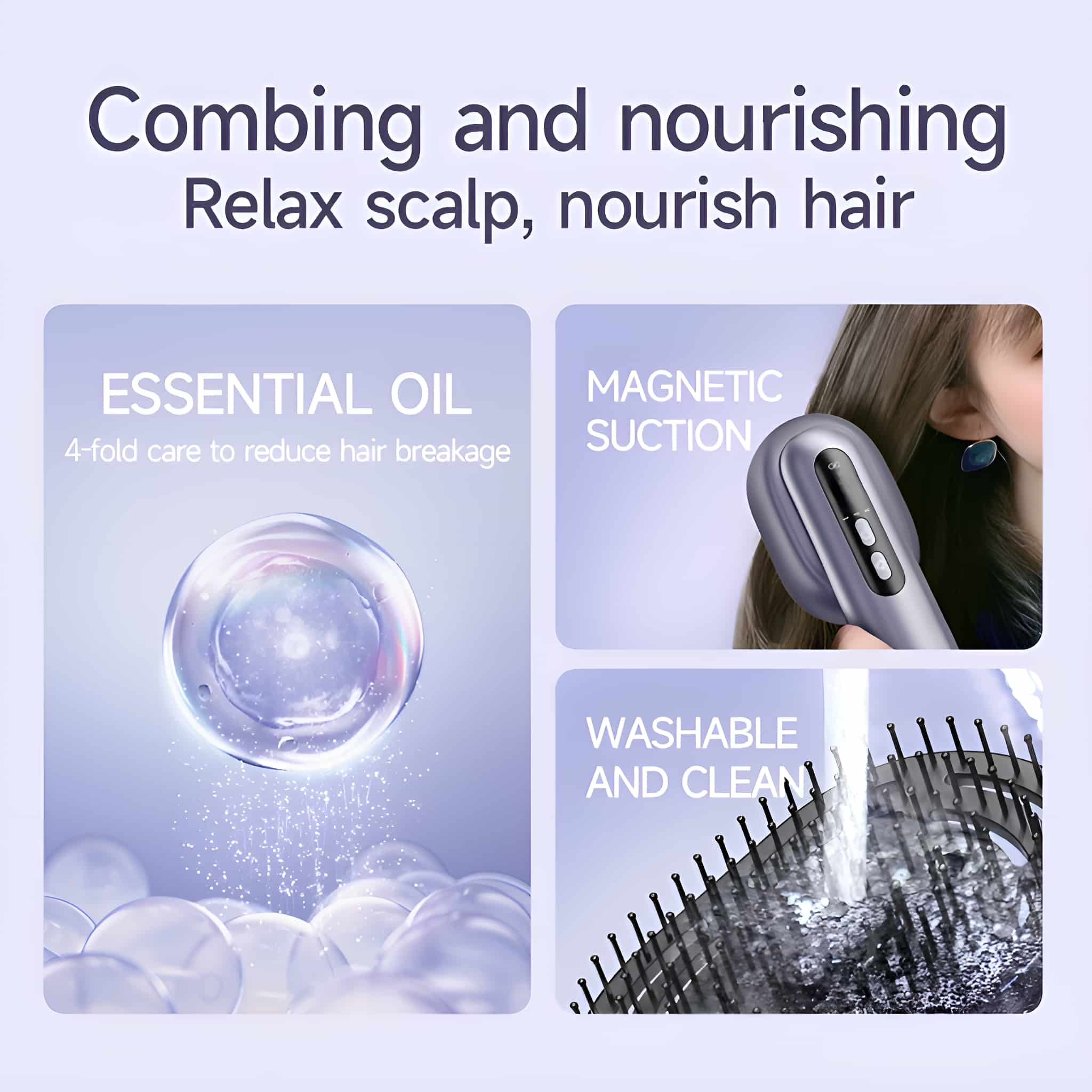 Haarpflegeprodukt mit Bildern von ätherischem Öl, Bürste und Kamm.