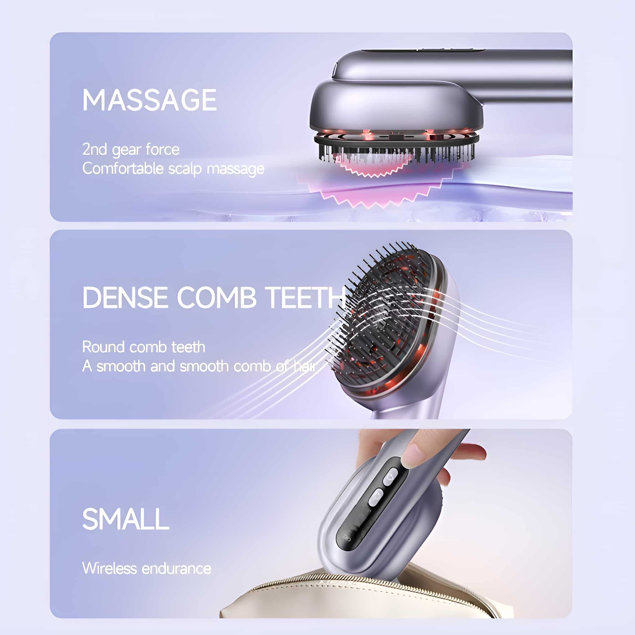 Haarmassagegerät mit drei Abschnitten: Massage, dichte Kammzähne, klein. Grau.