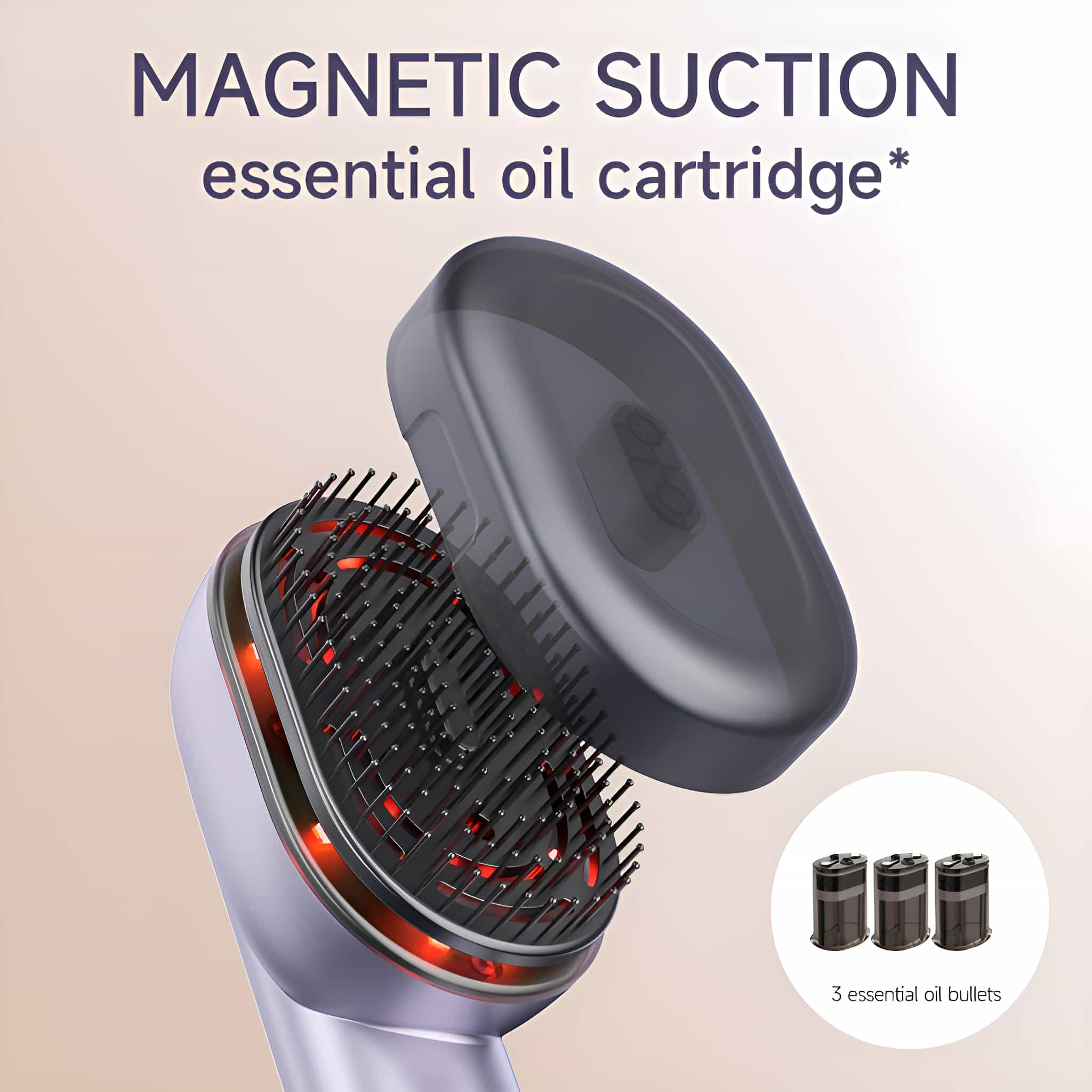 Haarbürste mit ätherischen Ölkapseln. Magnetisches Saugdesign und Bürstenkopf gezeigt.
