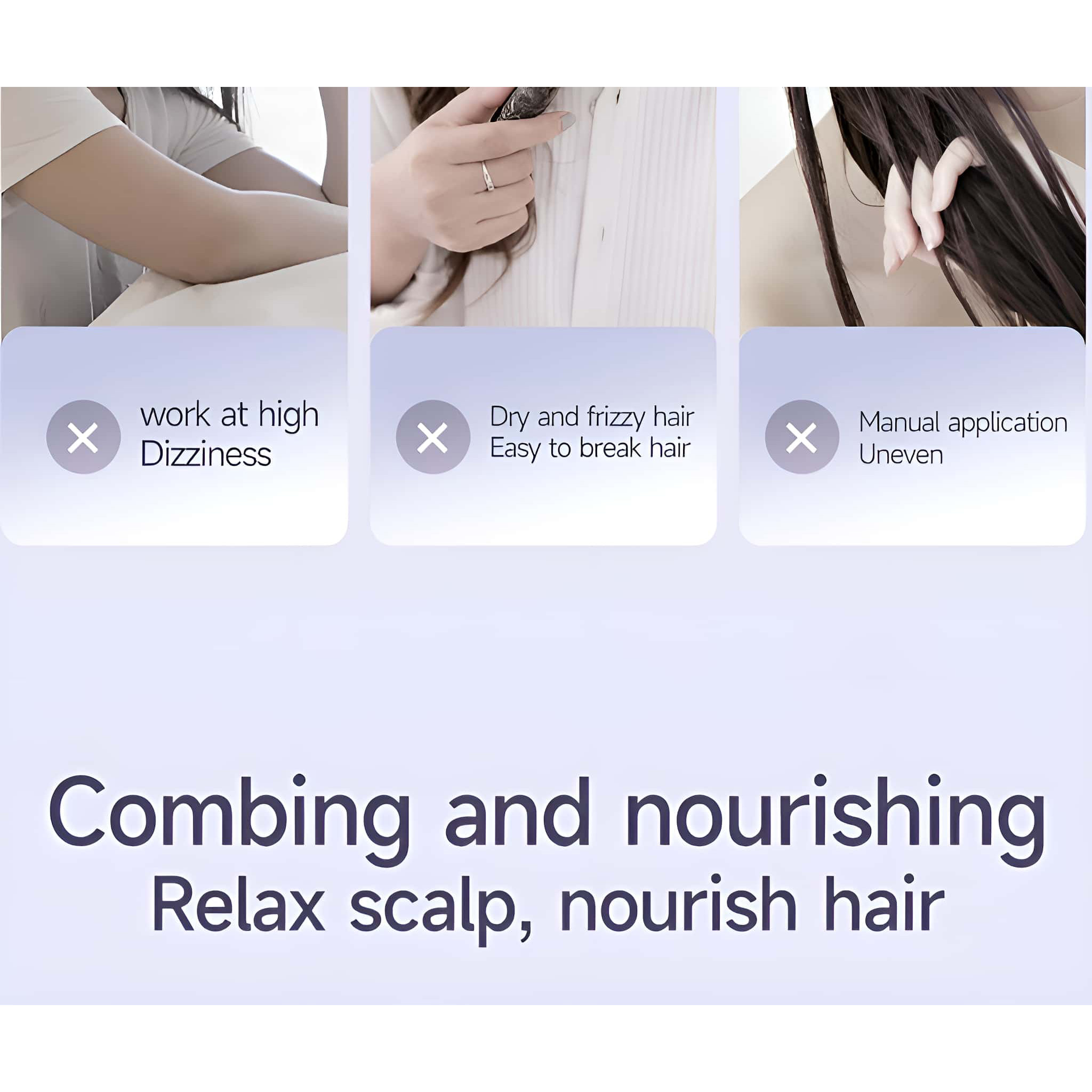 Werbung für das Kämmen und Nähren der Haare mit negativen Effekten oben.
