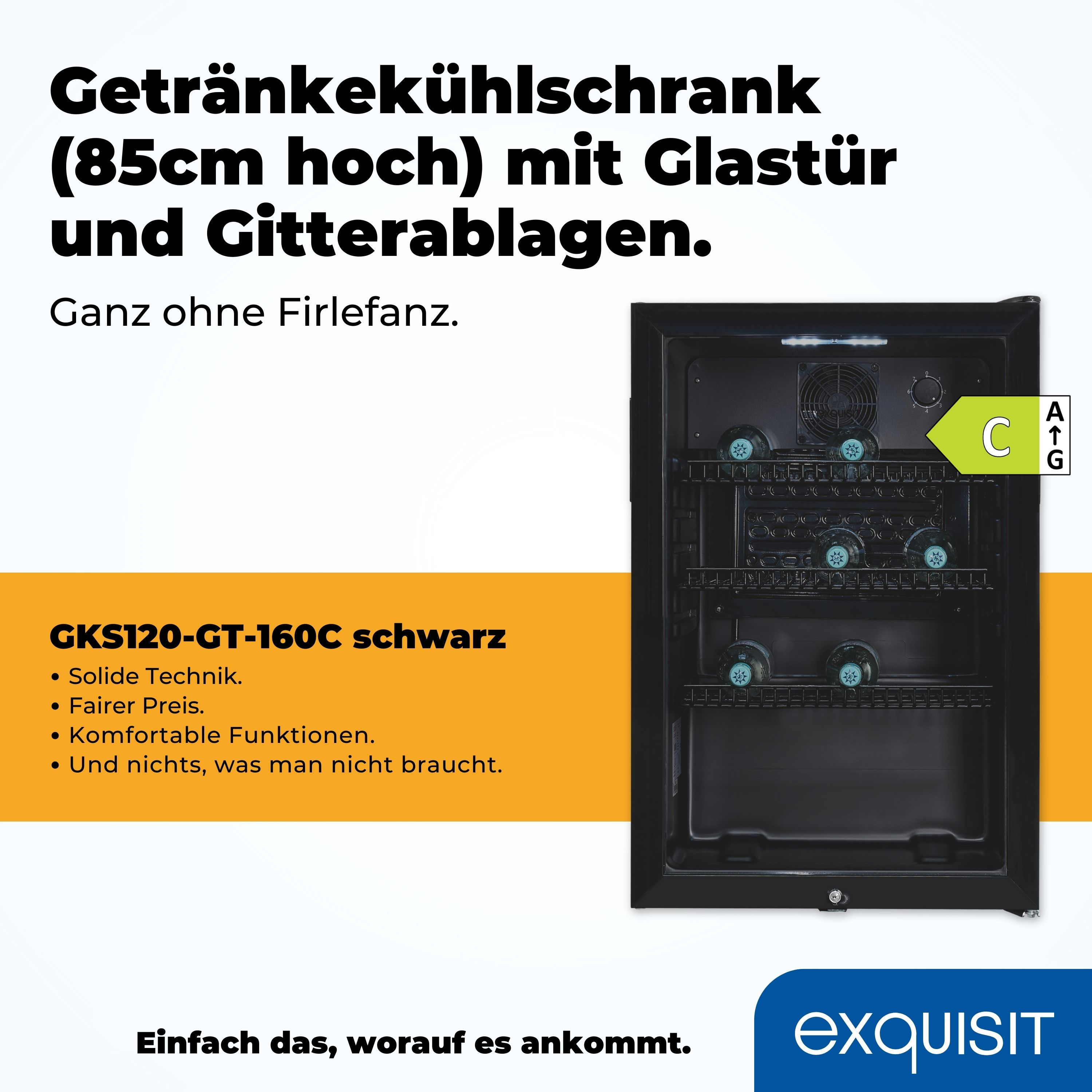 Ein schwarzer Kühlschrank mit Glastür und Regalen, mit Text auf Deutsch.